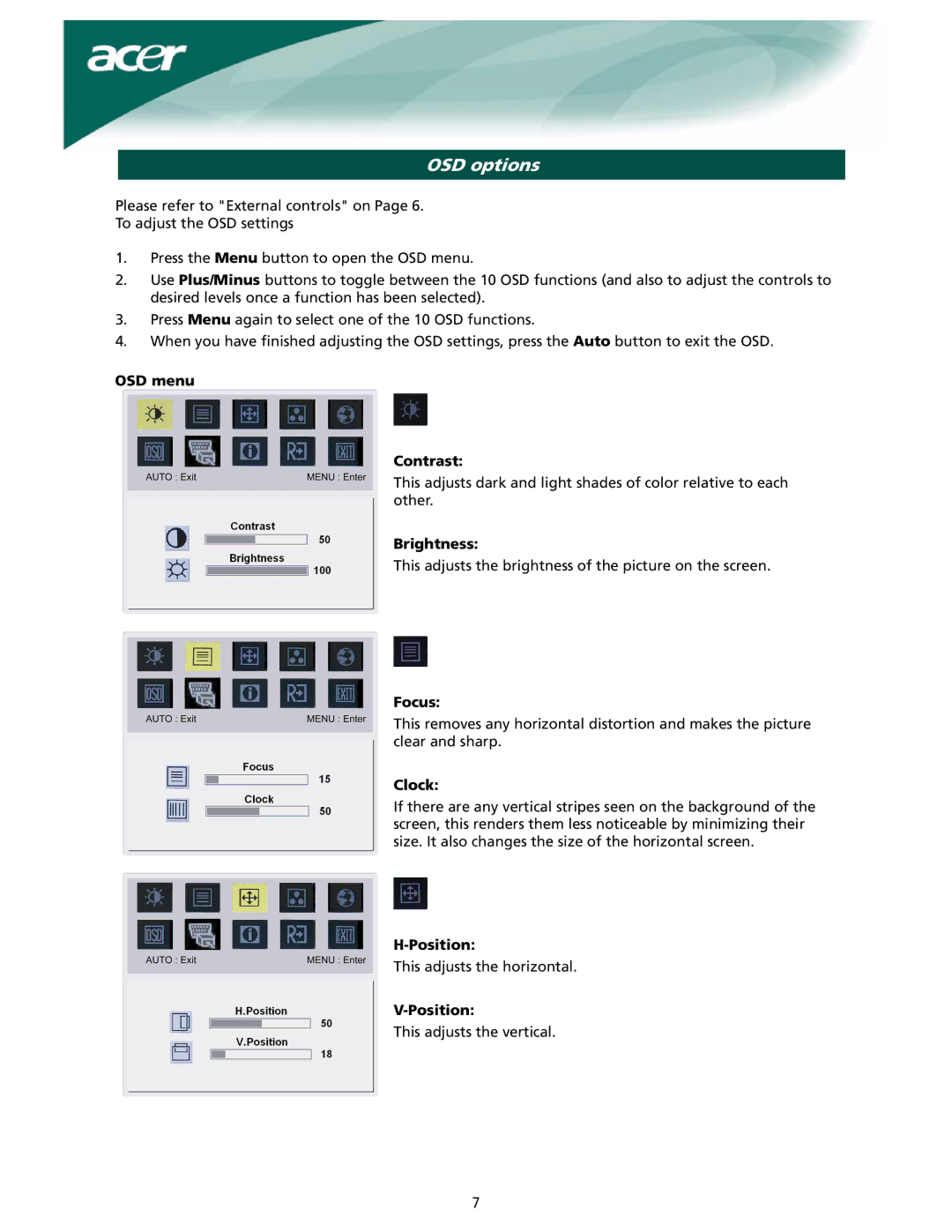 Acer X191W installation instructions OSD options 