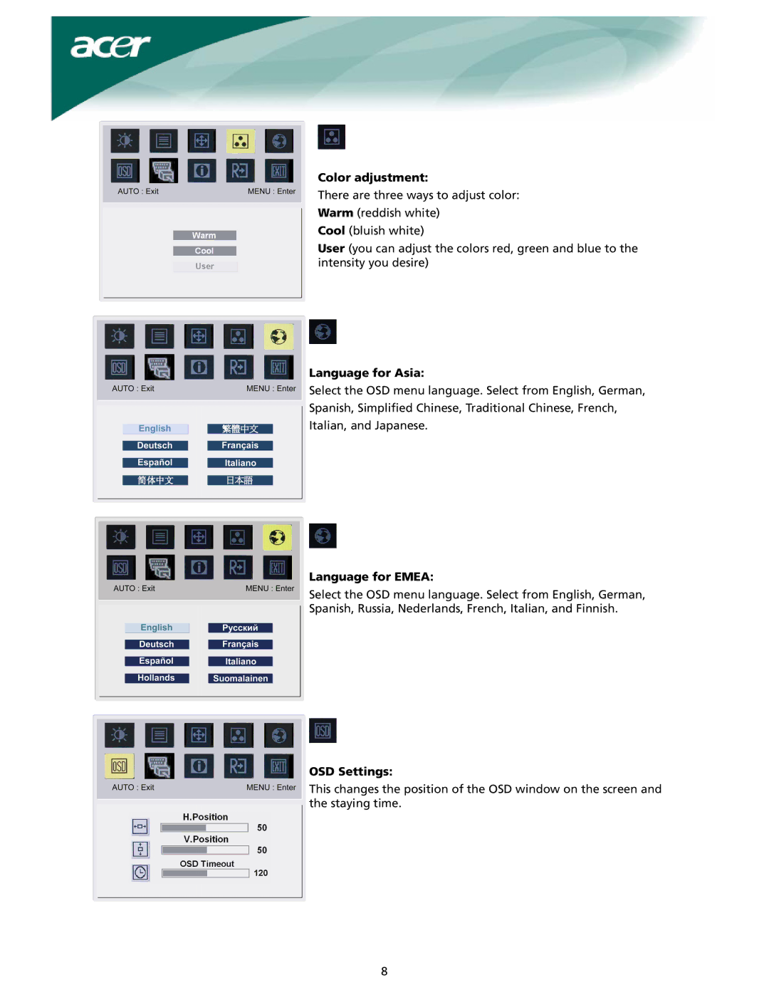 Acer X191W installation instructions Color adjustment, Language for Asia, Language for Emea, OSD Settings 