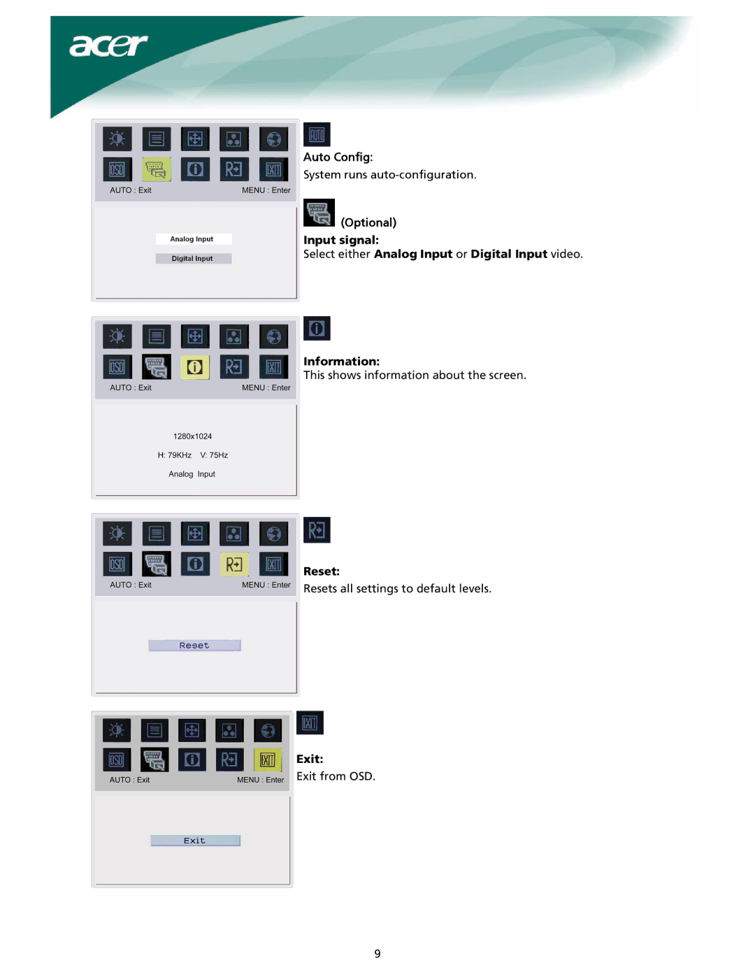 Acer X191W installation instructions Auto Config, Reset, Exit 