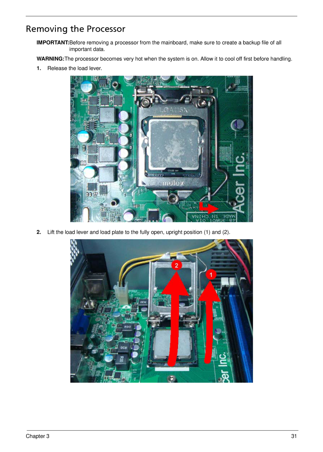 Acer X1935 manual Removing the Processor 