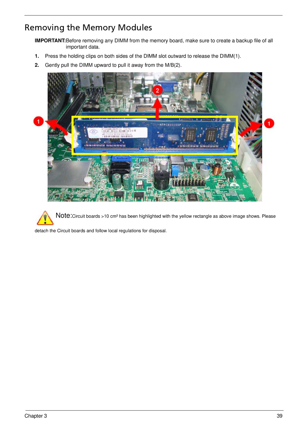 Acer X1935 manual Removing the Memory Modules 