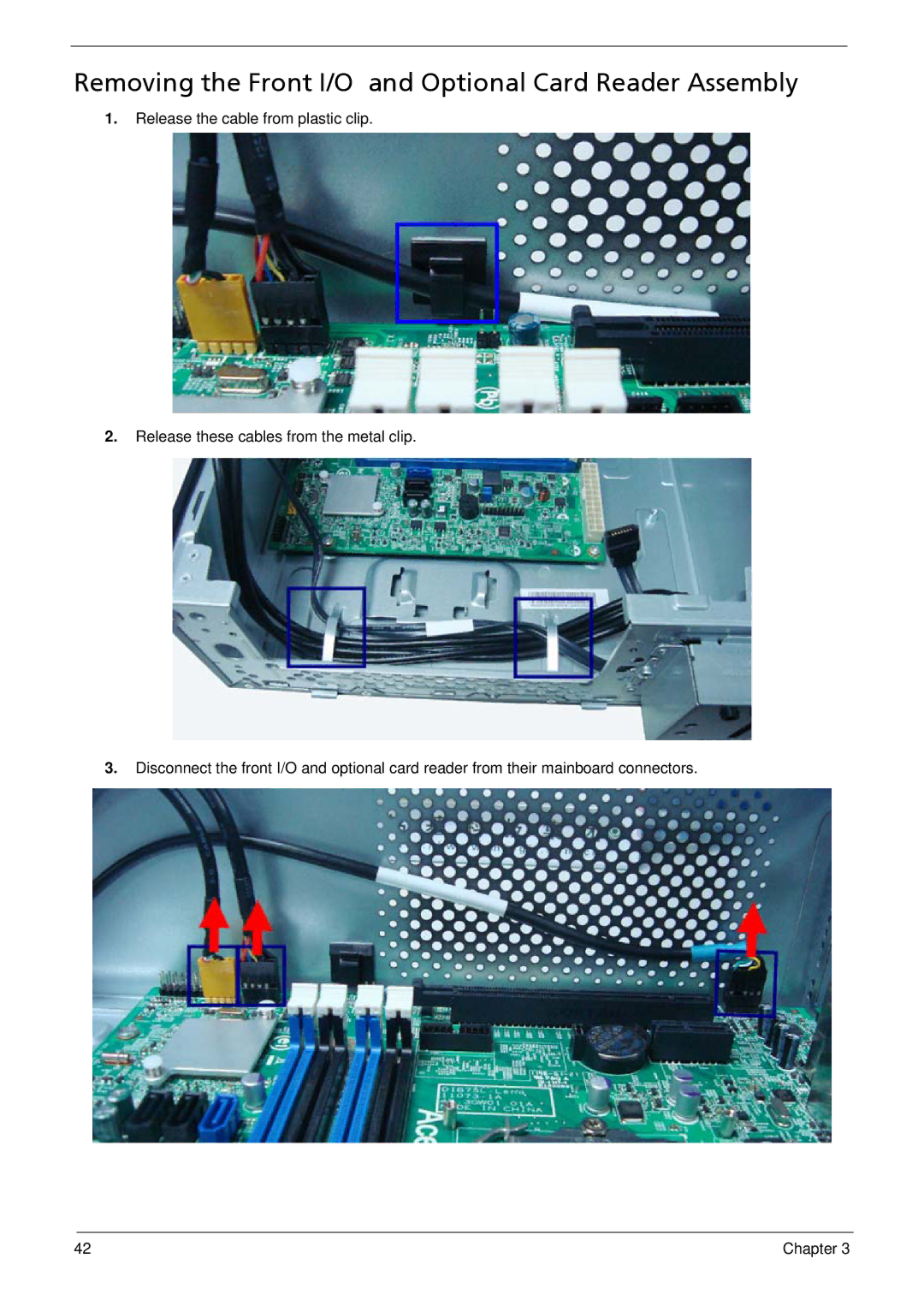 Acer X1935 manual Removing the Front I/O and Optional Card Reader Assembly 