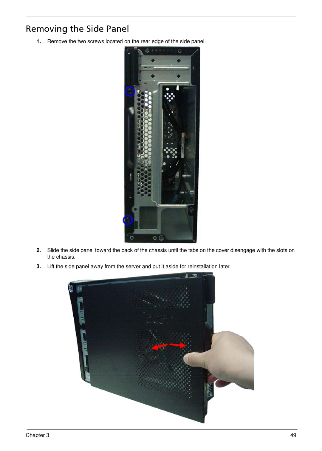 Acer X1935 manual Removing the Side Panel 