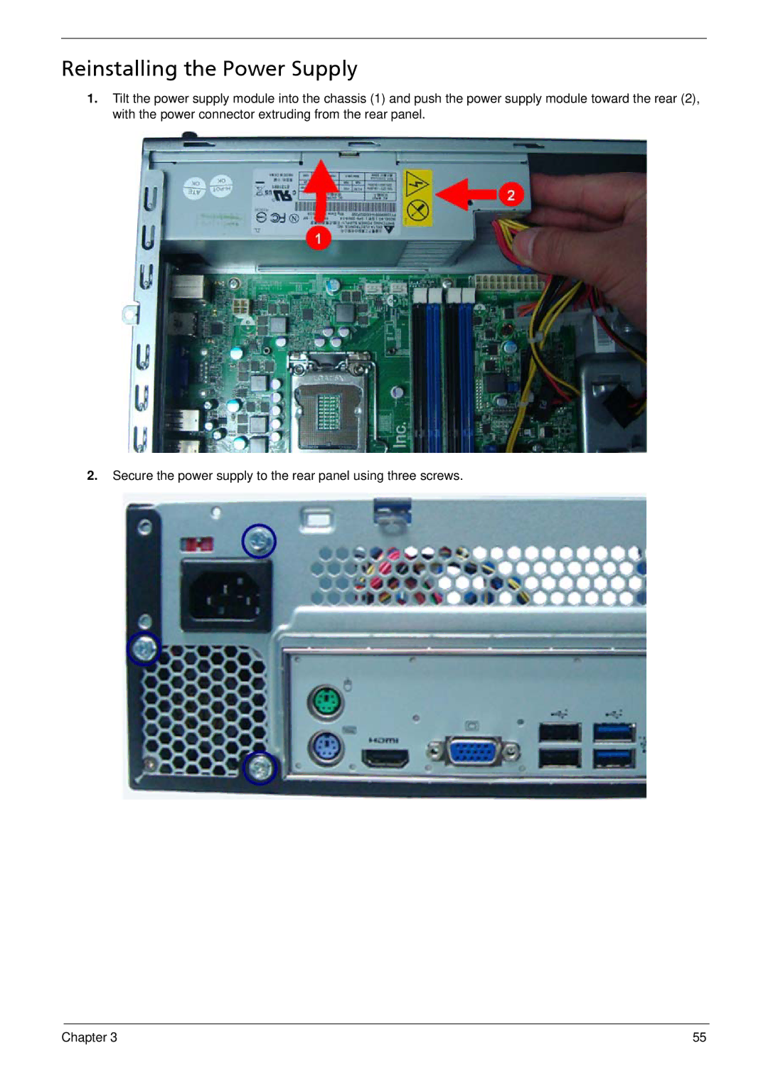 Acer X1935 manual Reinstalling the Power Supply 