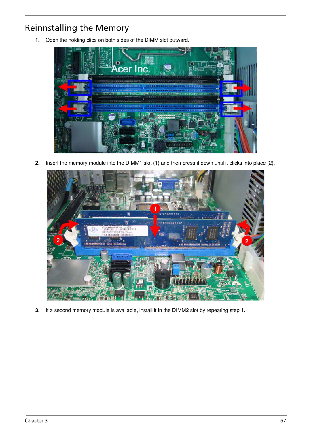 Acer X1935 manual Reinnstalling the Memory 