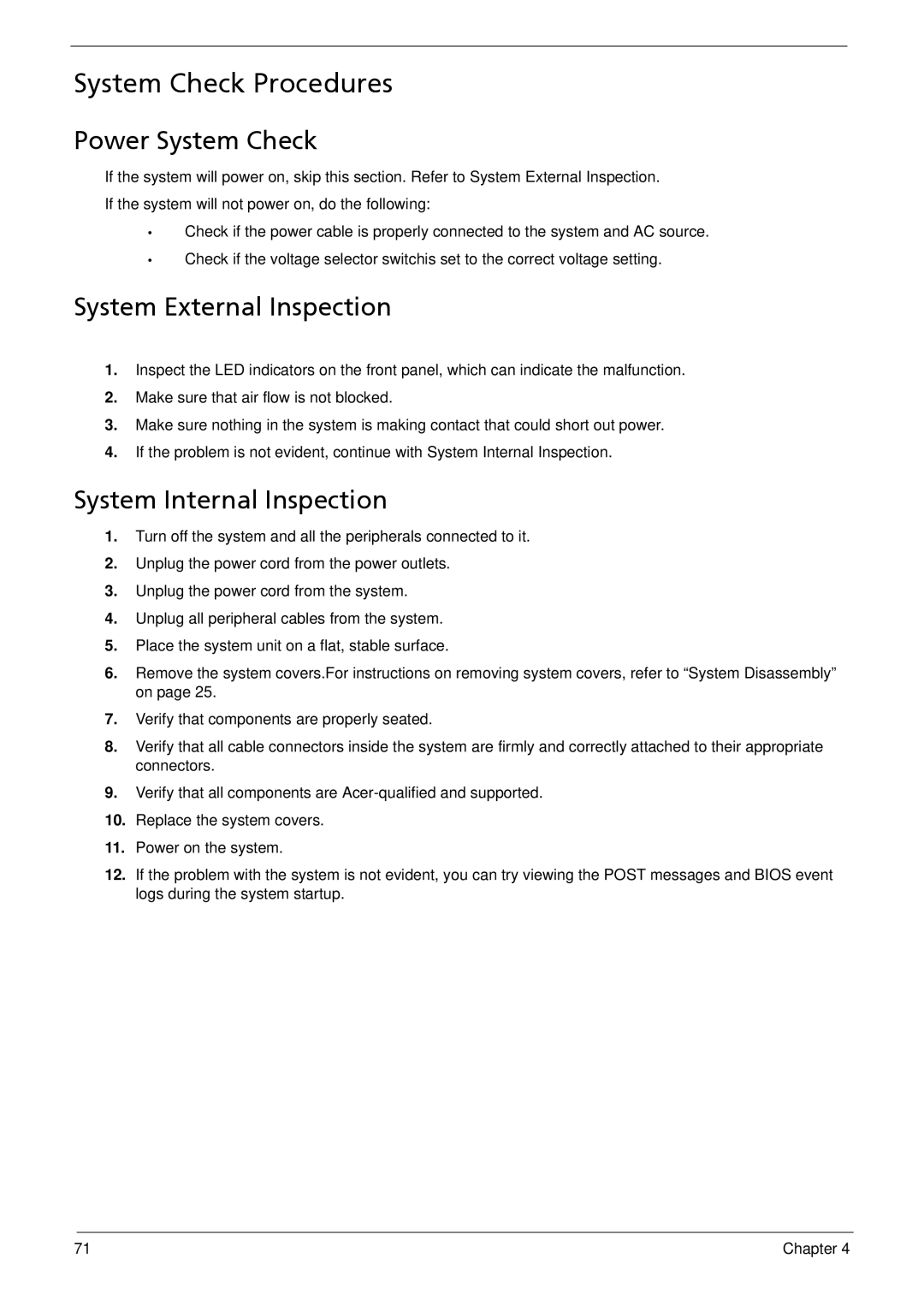 Acer X1935 manual Power System Check, System External Inspection, System Internal Inspection 