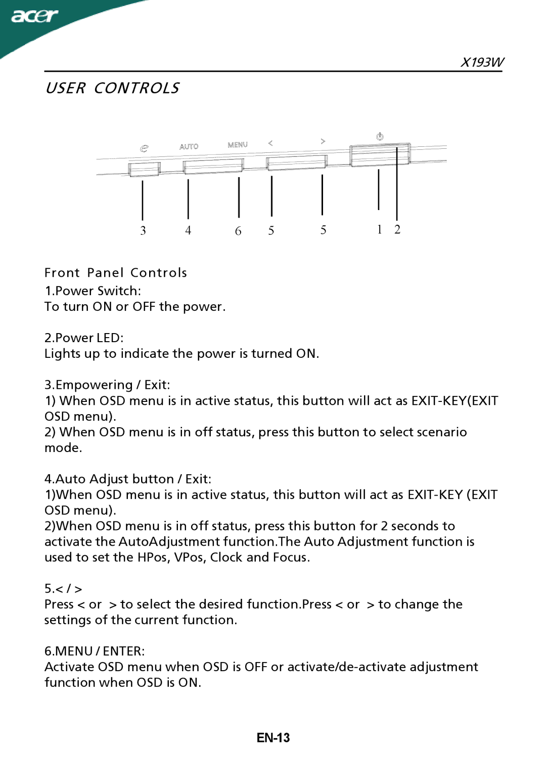 Acer X193W manual User Controls, Menu / Enter, EN-13 