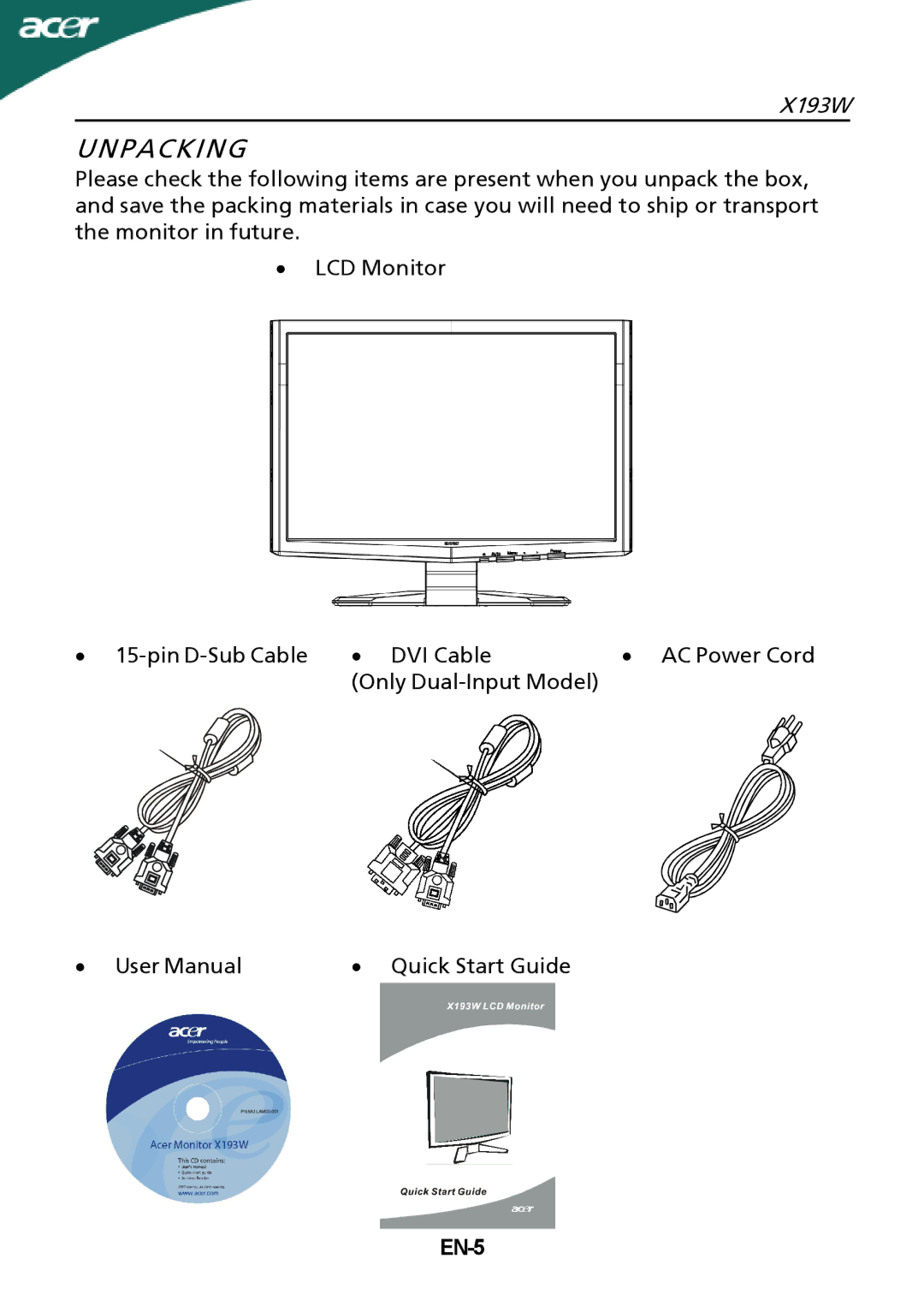 Acer X193W manual Unpacking, EN-5 