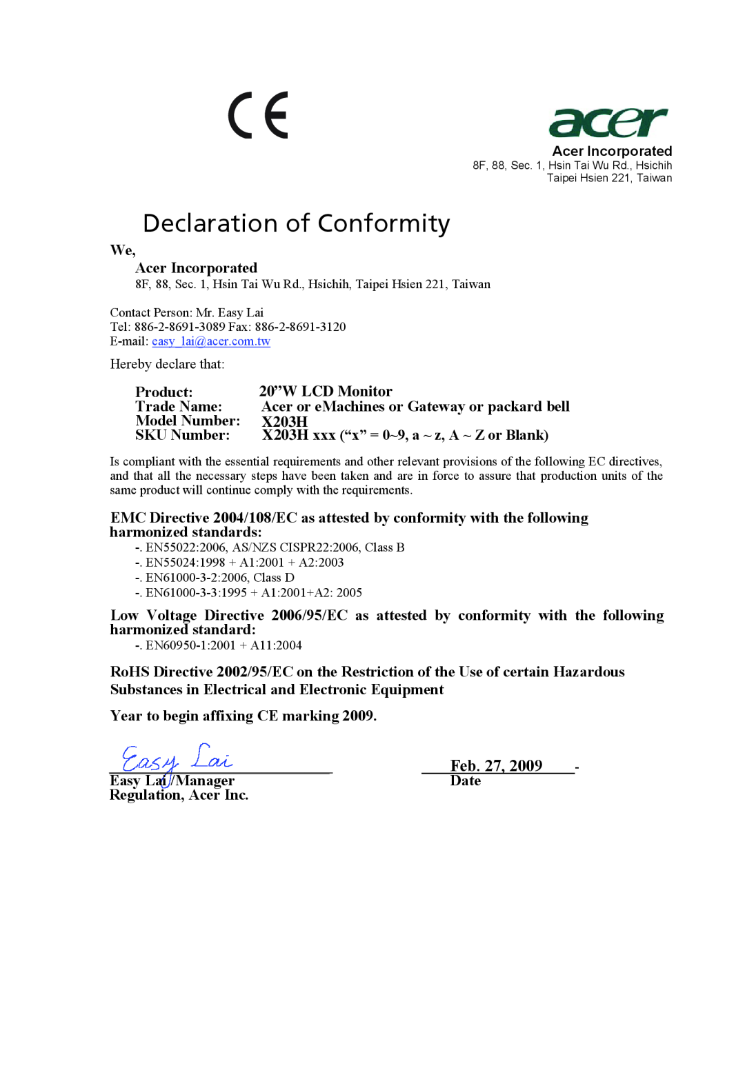 Acer X203H manual Declaration of Conformity, Feb. 27 