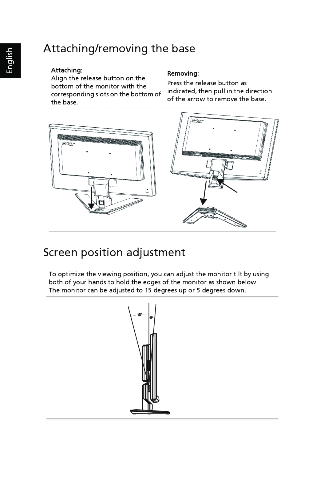 Acer X203H manual Attaching/removing the base, Screen position adjustment, Removing, English 