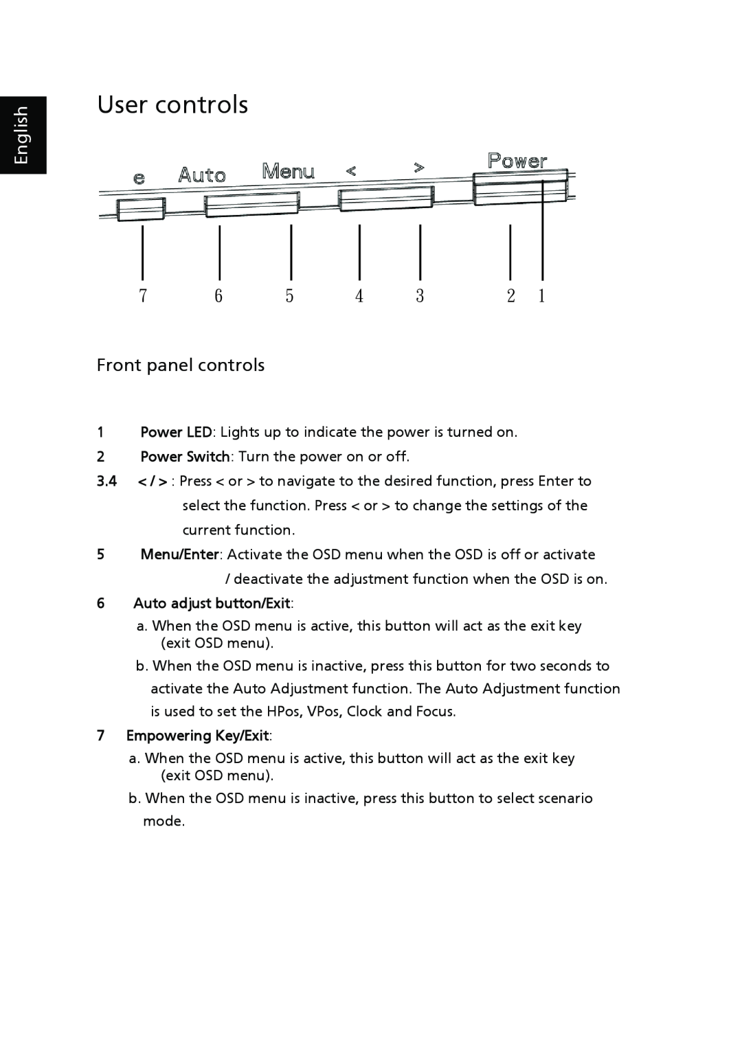 Acer X203H manual User controls, Front panel controls, Auto adjust button/Exit, Empowering Key/Exit, English 