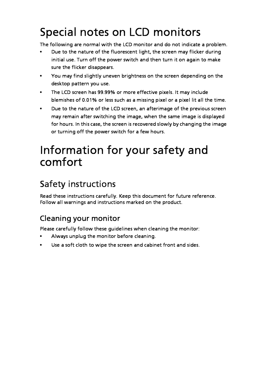 Acer X203H manual Special notes on LCD monitors, Information for your safety and comfort, Safety instructions 