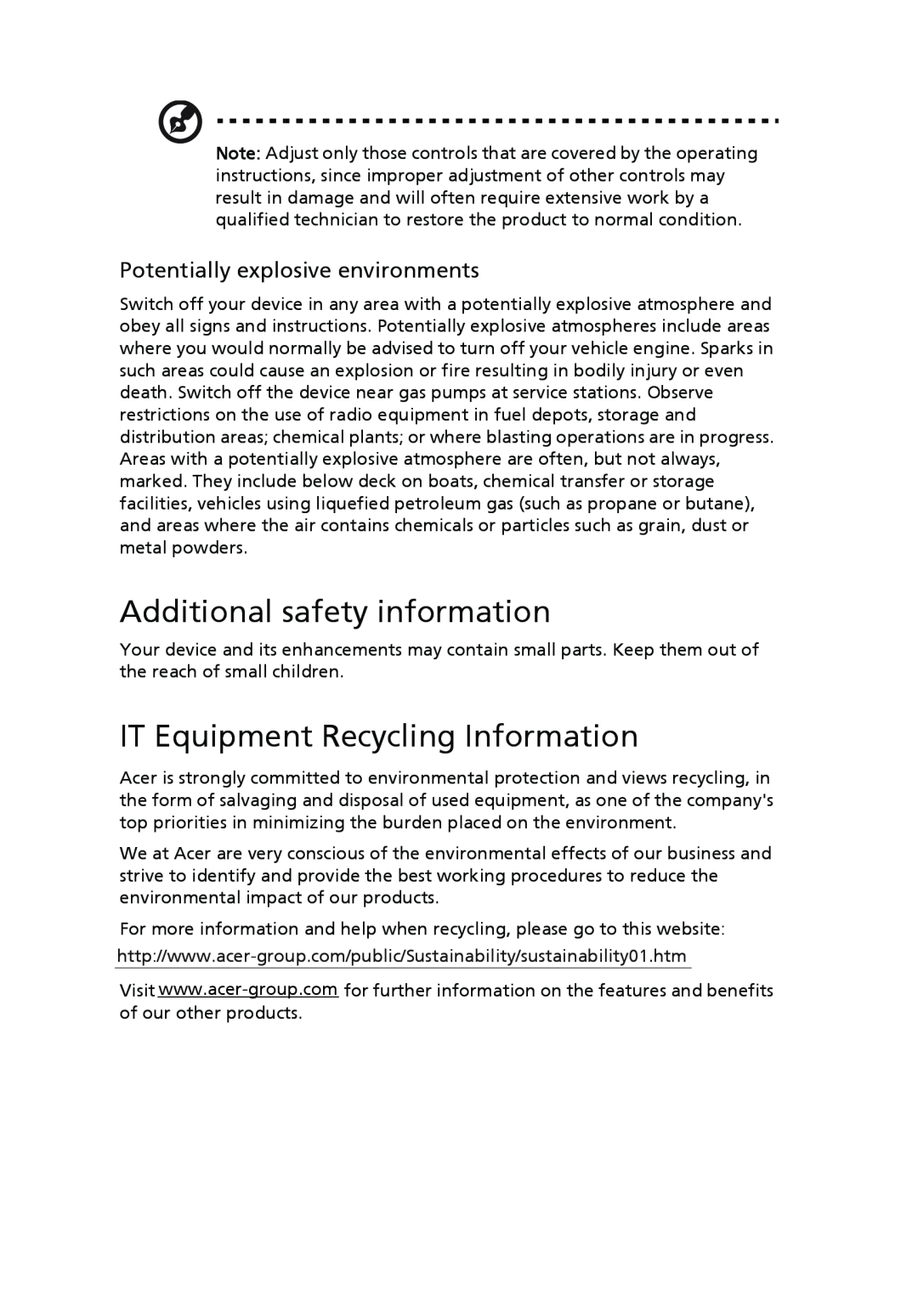Acer X203H manual Additional safety information, IT Equipment Recycling Information, Potentially explosive environments 