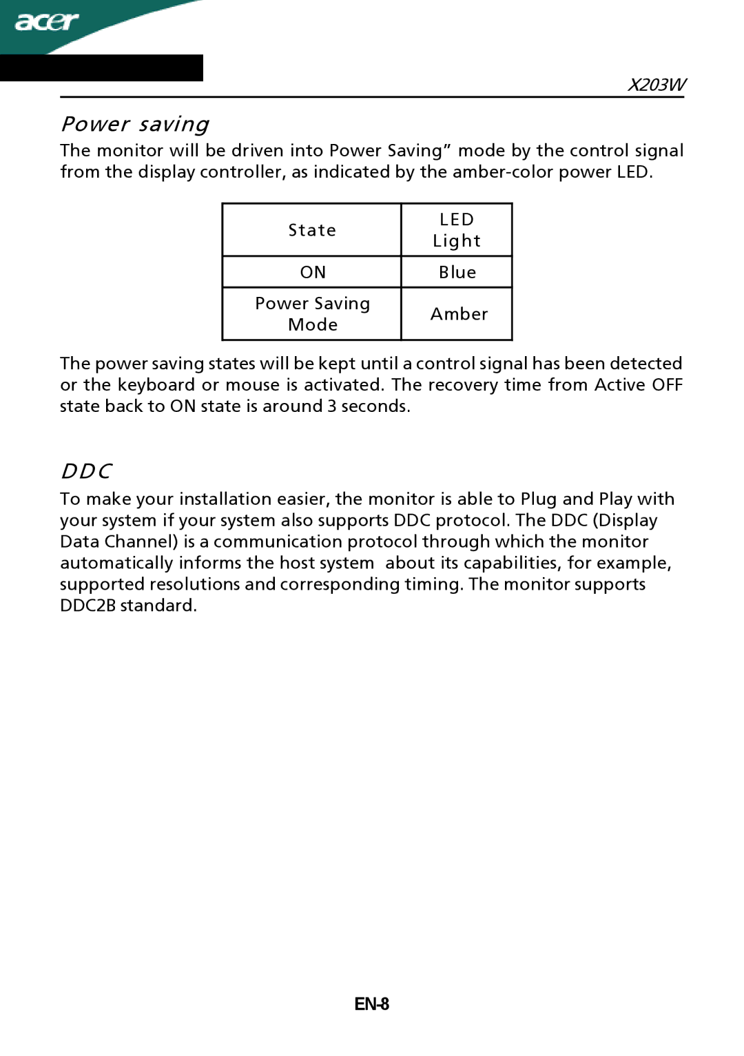 Acer X203W setup guide Power saving, Ddc, Led, EN-8 