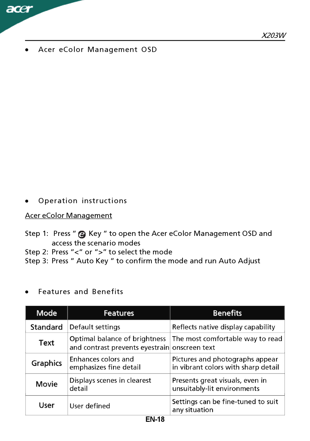 Acer X203W setup guide EN-18 