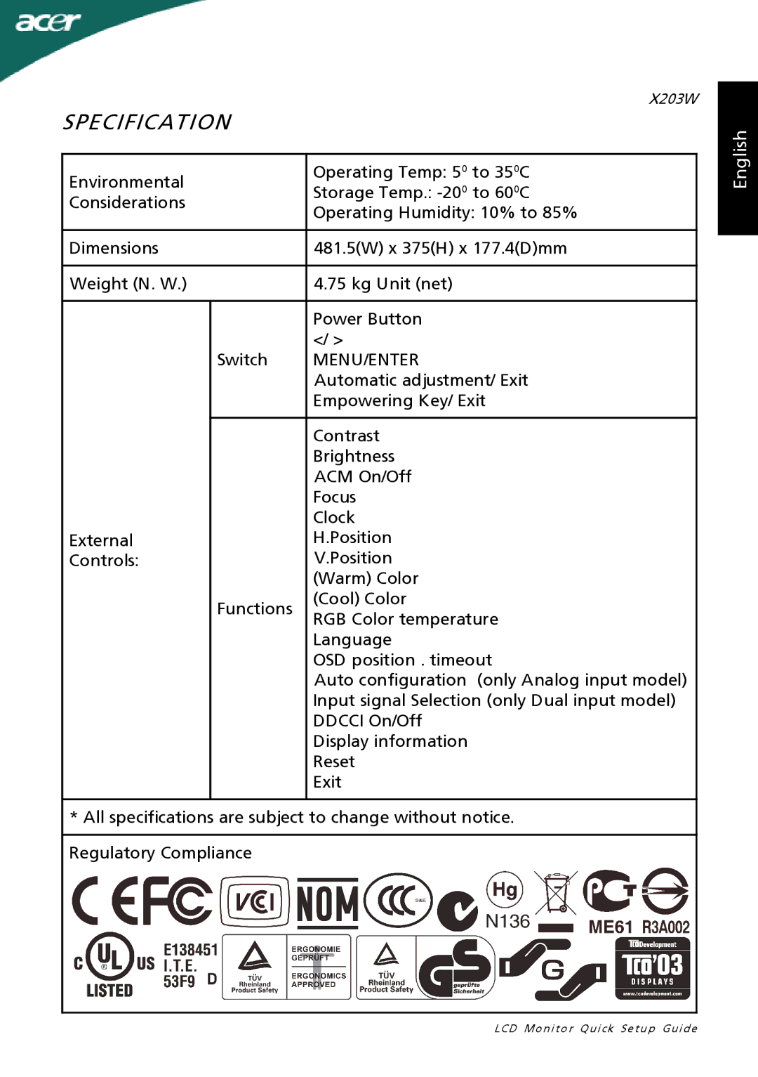 Acer X203W setup guide Menu/Enter 