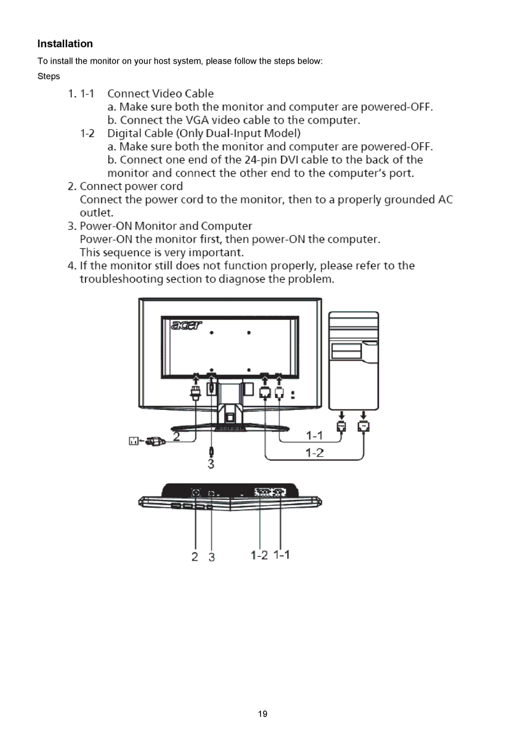 Acer X223HQ, X213H manual Installation 