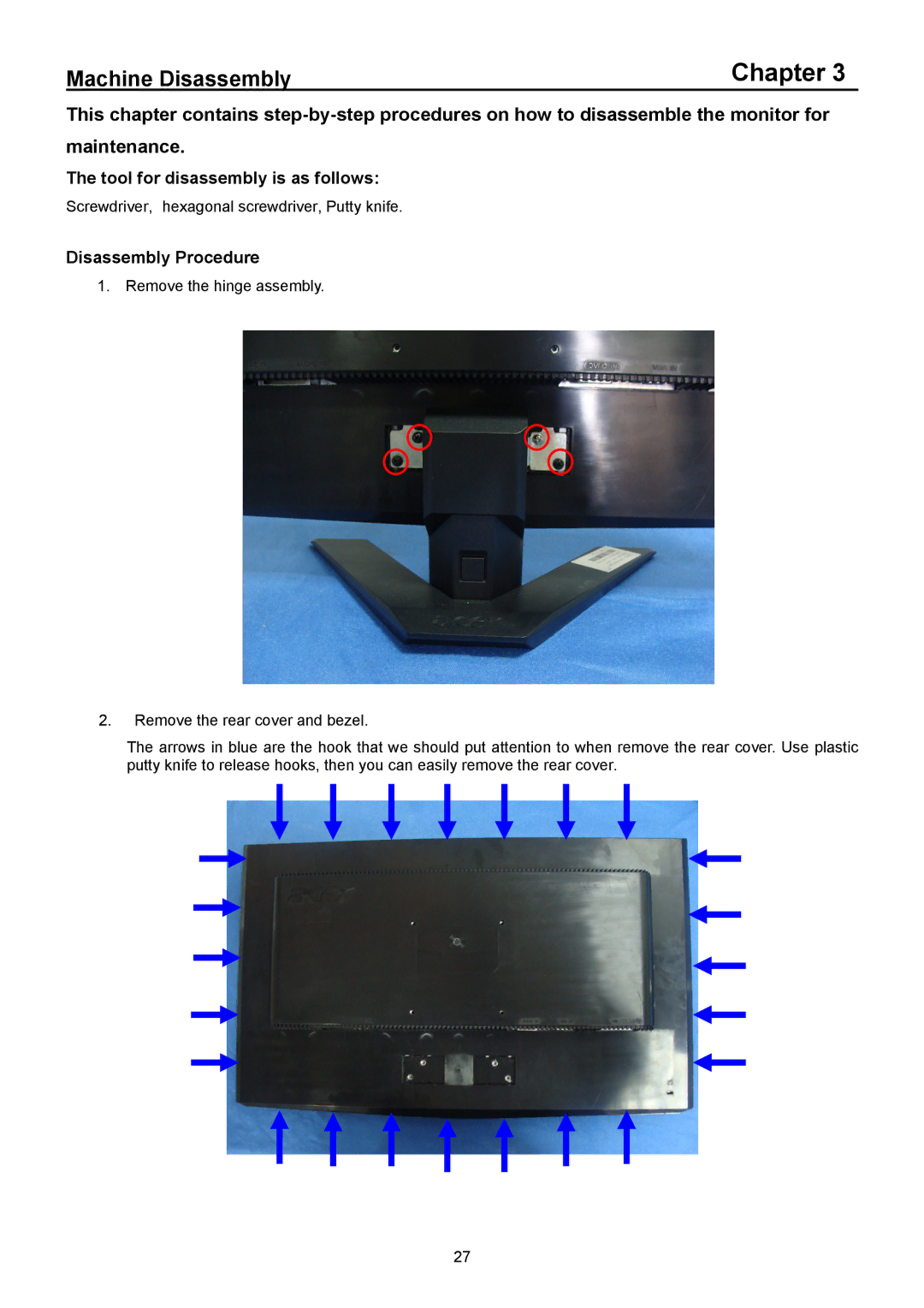 Acer X223HQ, X213H manual Tool for disassembly is as follows, Disassembly Procedure 