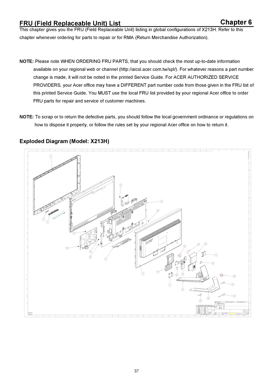 Acer X223HQ manual Chapter, Exploded Diagram Model X213H 