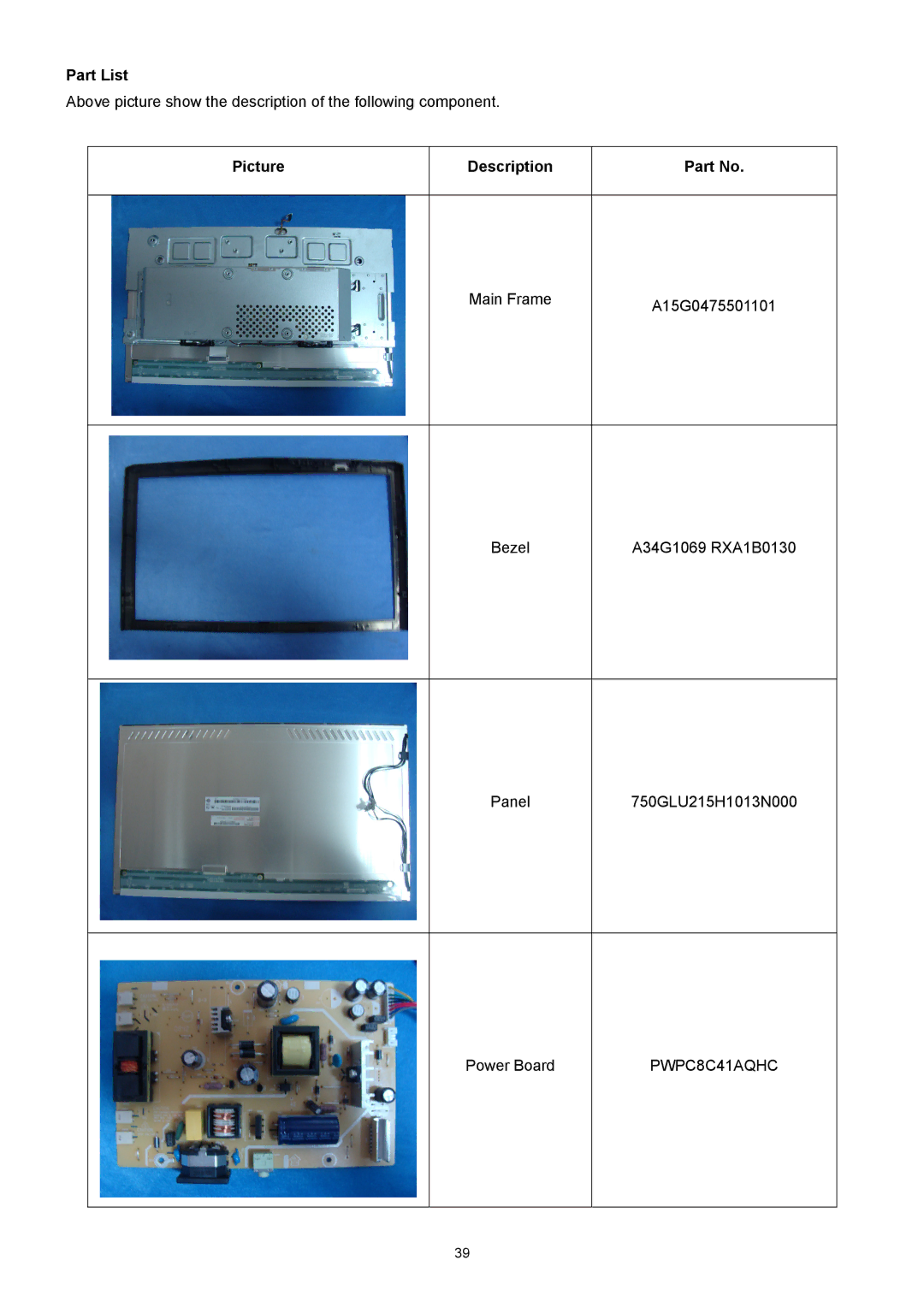 Acer X223HQ, X213H manual Part List, Picture Description, PWPC8C41AQHC 