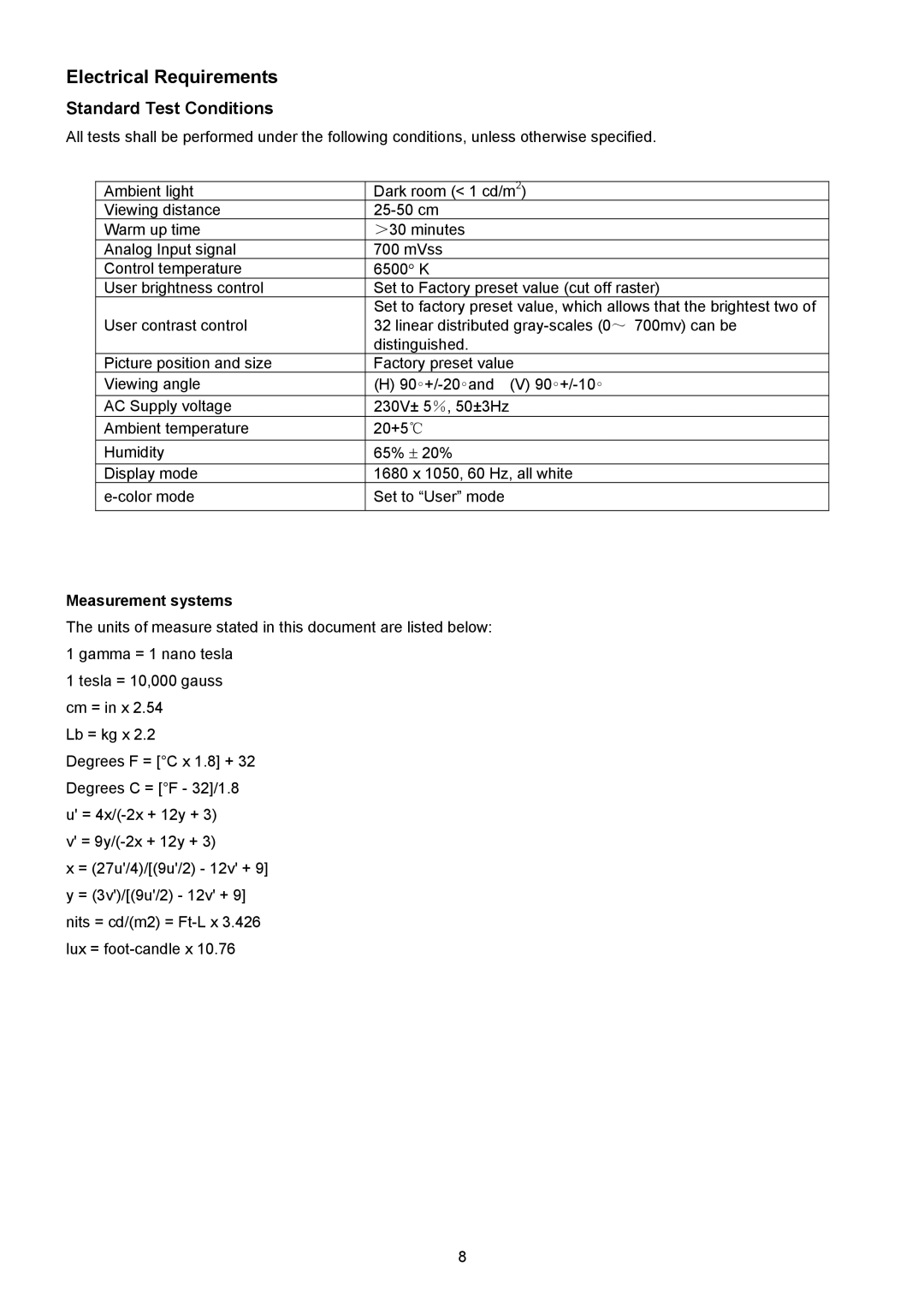 Acer X213H, X223HQ manual Electrical Requirements, Standard Test Conditions, Measurement systems 