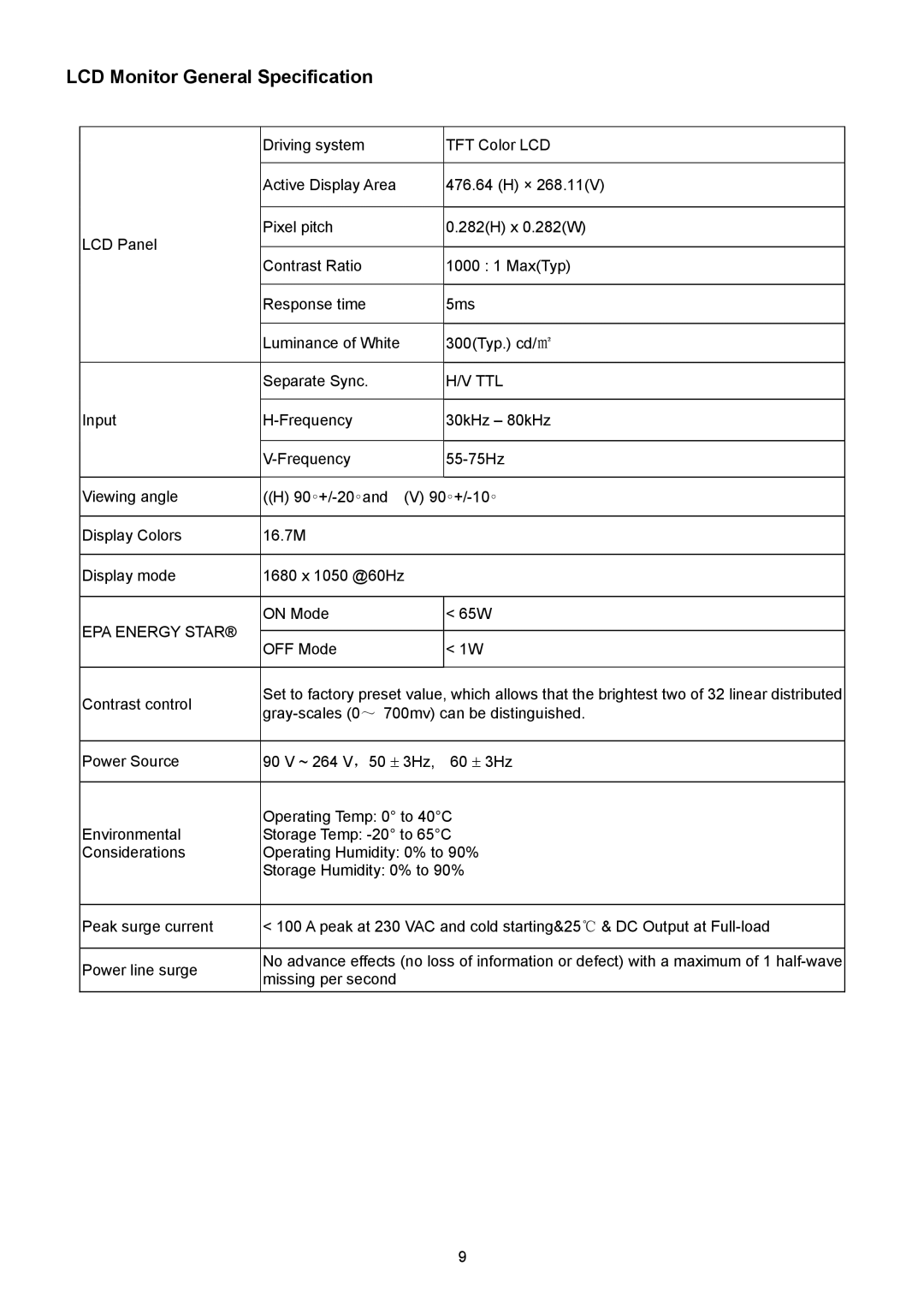 Acer X223HQ, X213H manual LCD Monitor General Specification, Ttl, EPA Energy Star 