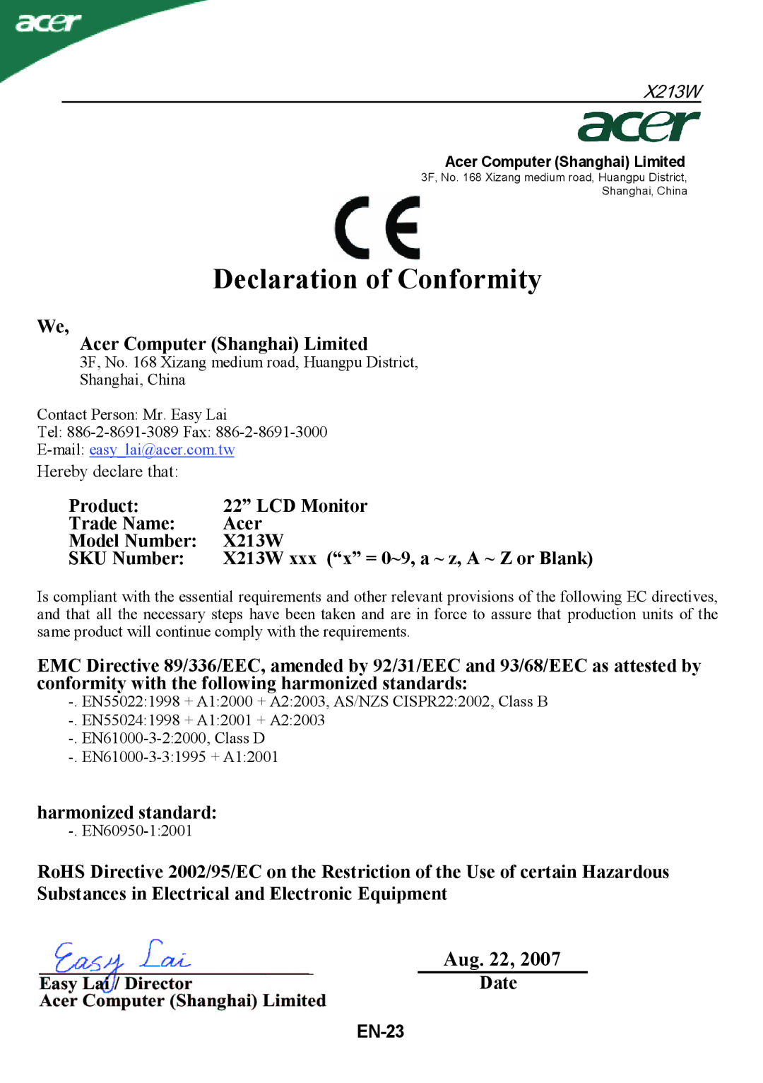 Acer X213W manual Declaration of Conformity, EN-23 