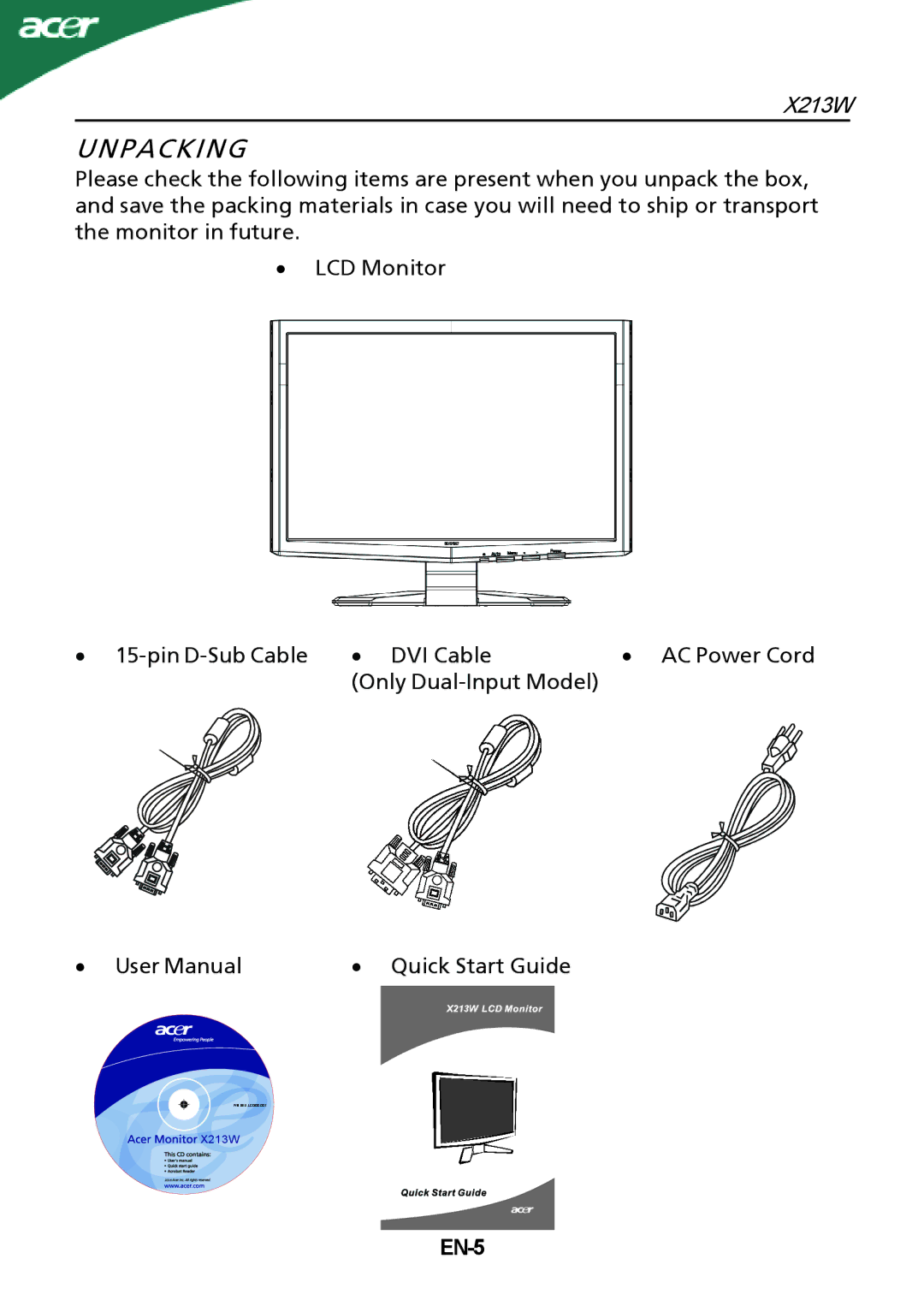 Acer X213W manual Unpacking, EN-5 