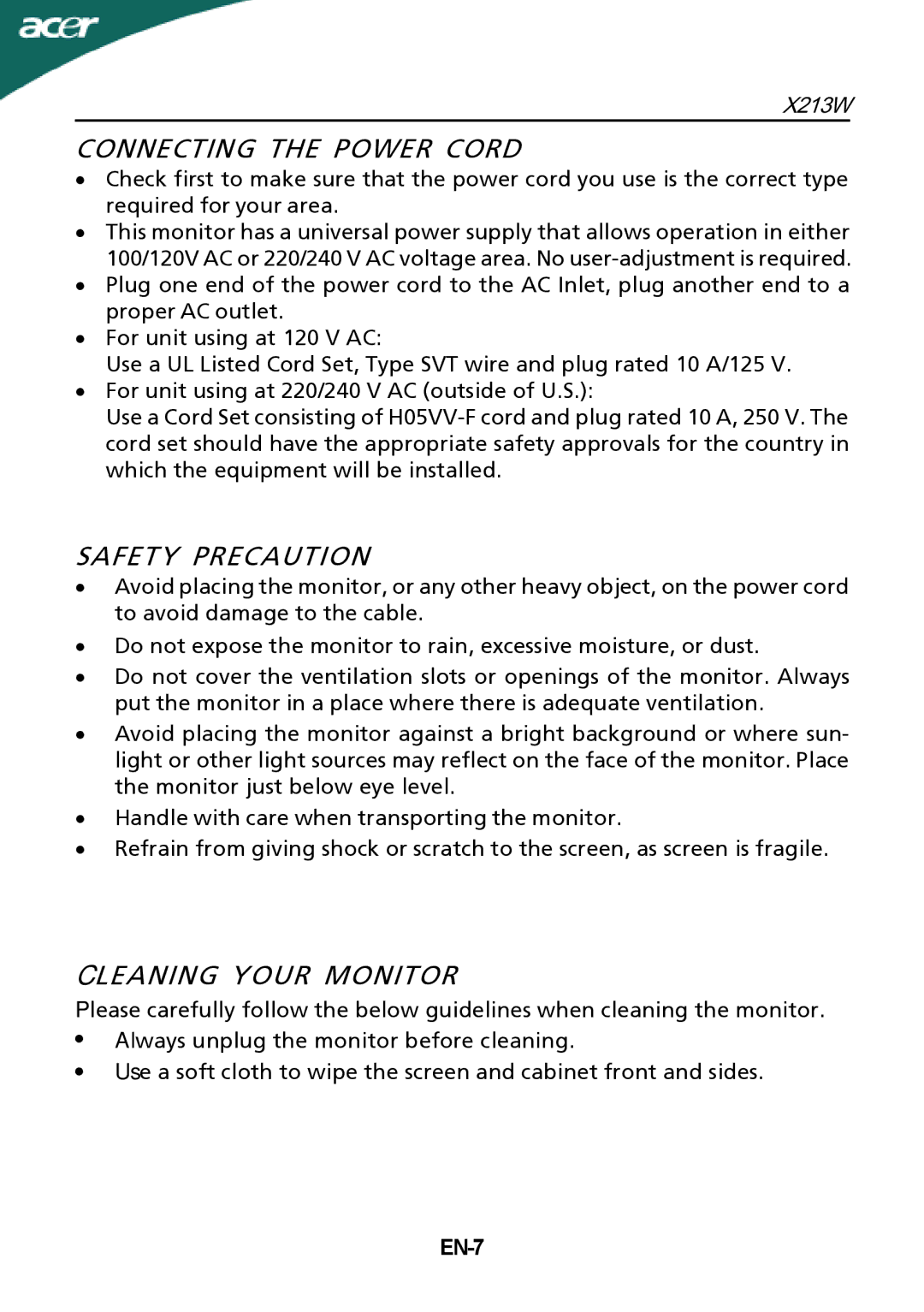 Acer X213W manual Connecting the Power Cord, Safety Precaution, Cleaning Your Monitor, EN-7 