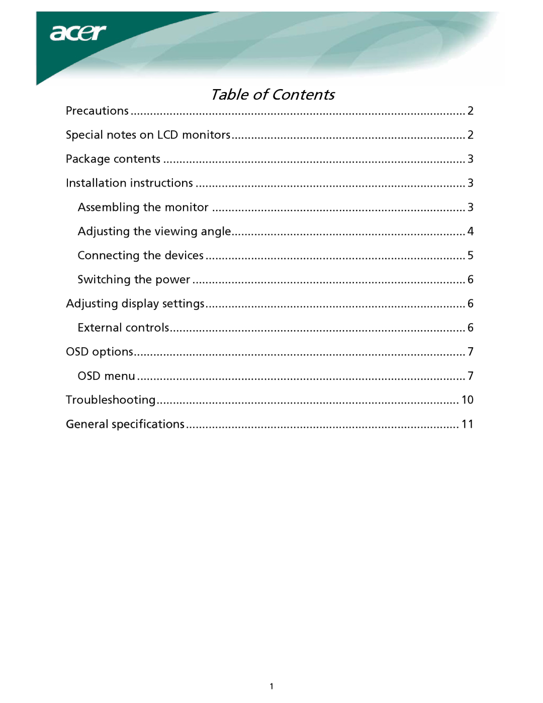 Acer X221W, X222W installation instructions Table of Contents 