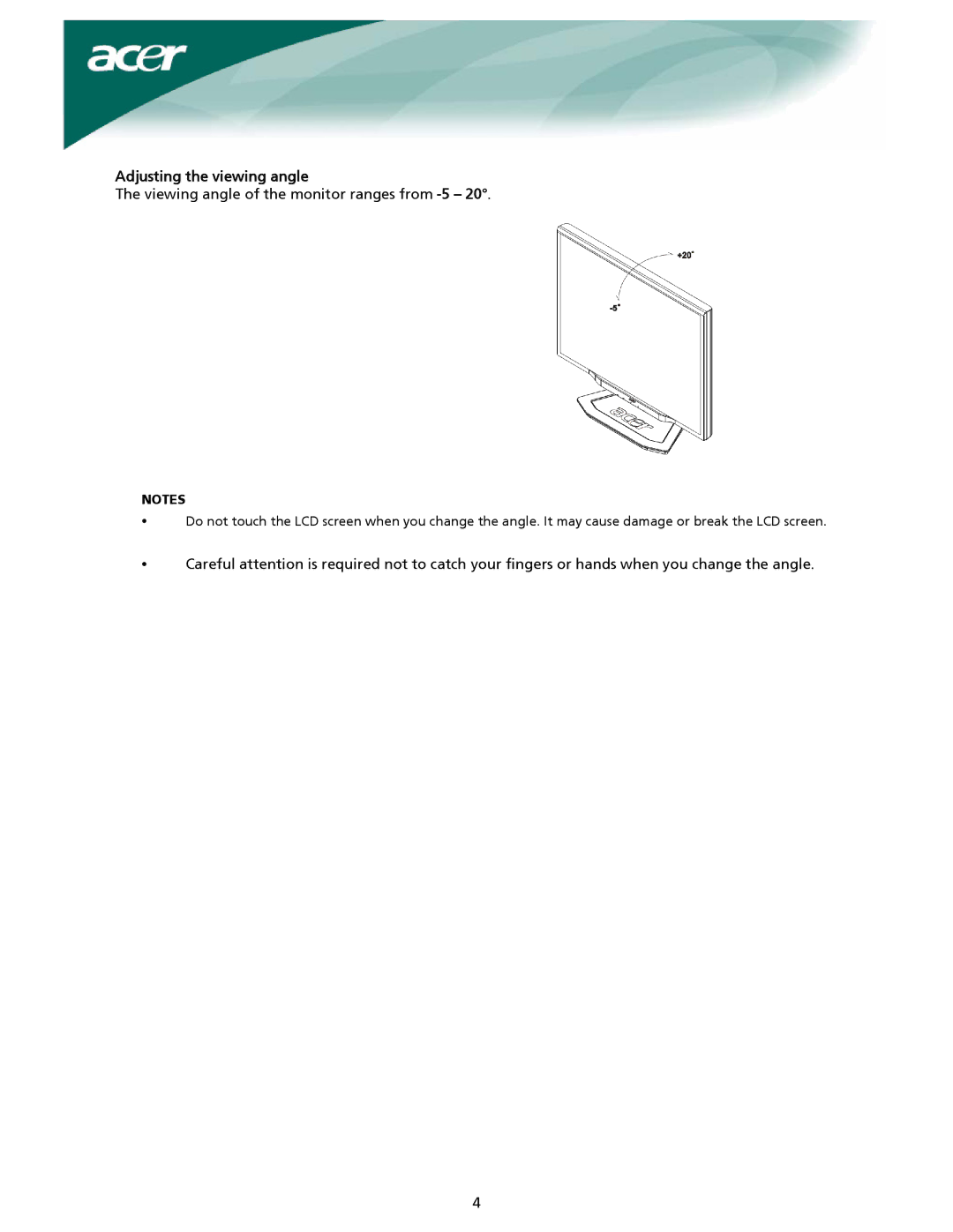 Acer X222W, X221W installation instructions Adjusting the viewing angle, Viewing angle of the monitor ranges from -5 