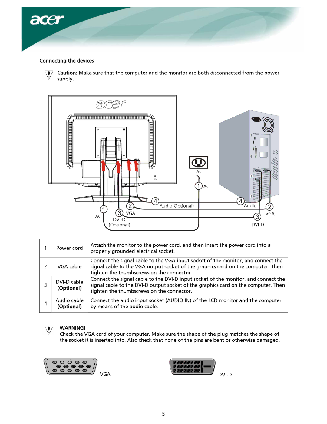 Acer X221W, X222W installation instructions Connecting the devices 