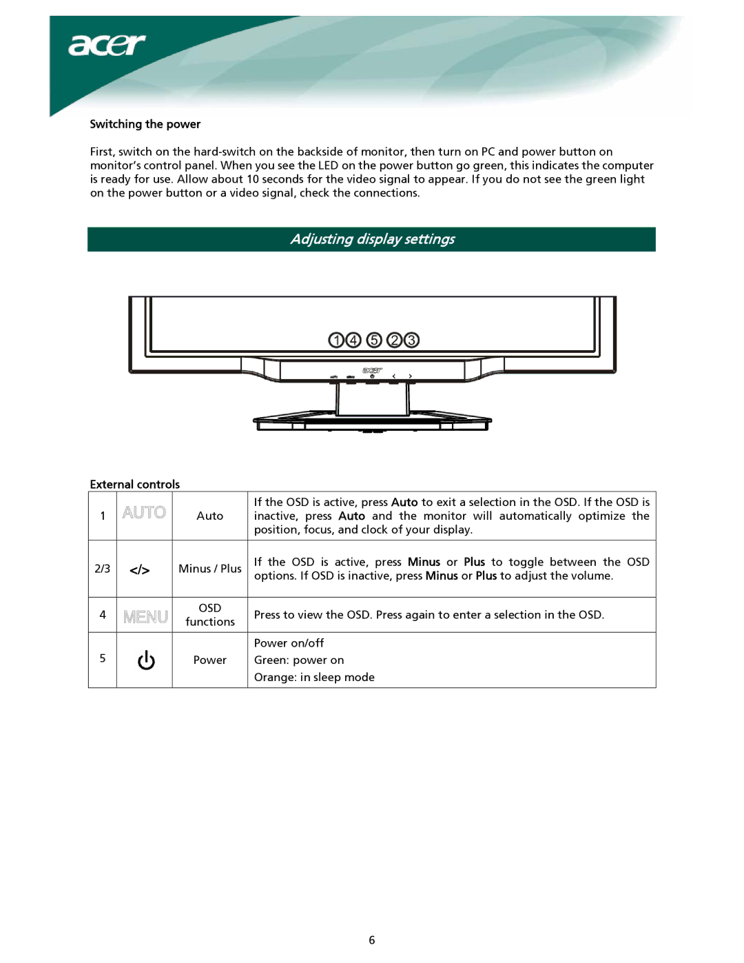 Acer X222W, X221W installation instructions Adjusting display settings, Switching the power, External controls 