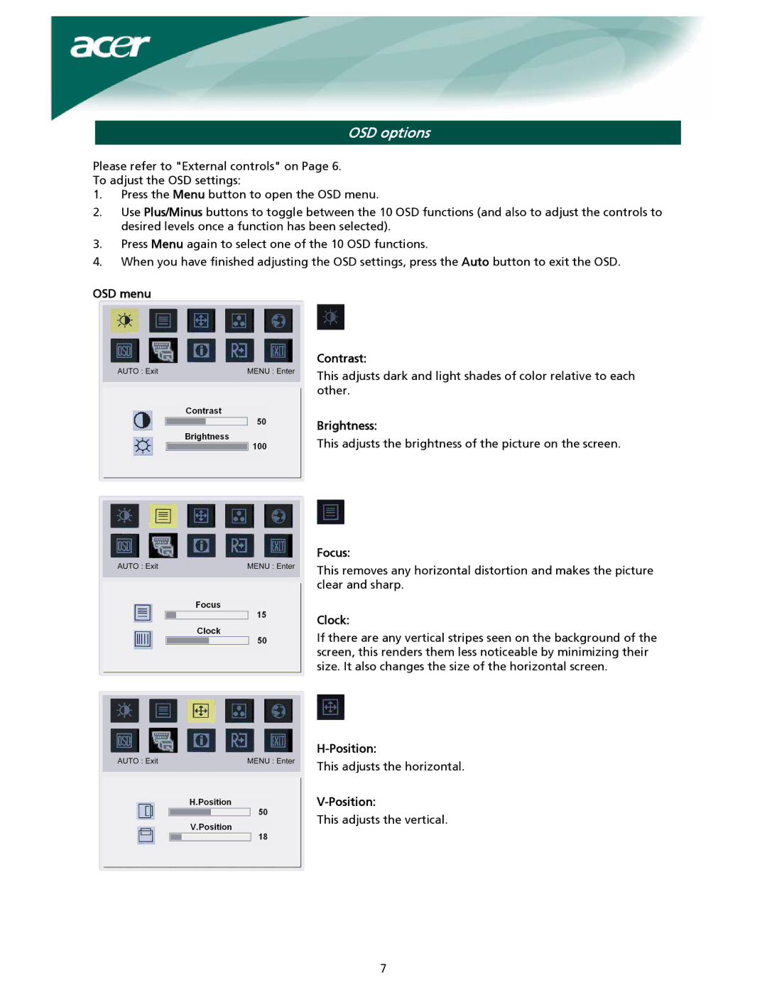 Acer X221W, X222W installation instructions OSD options 