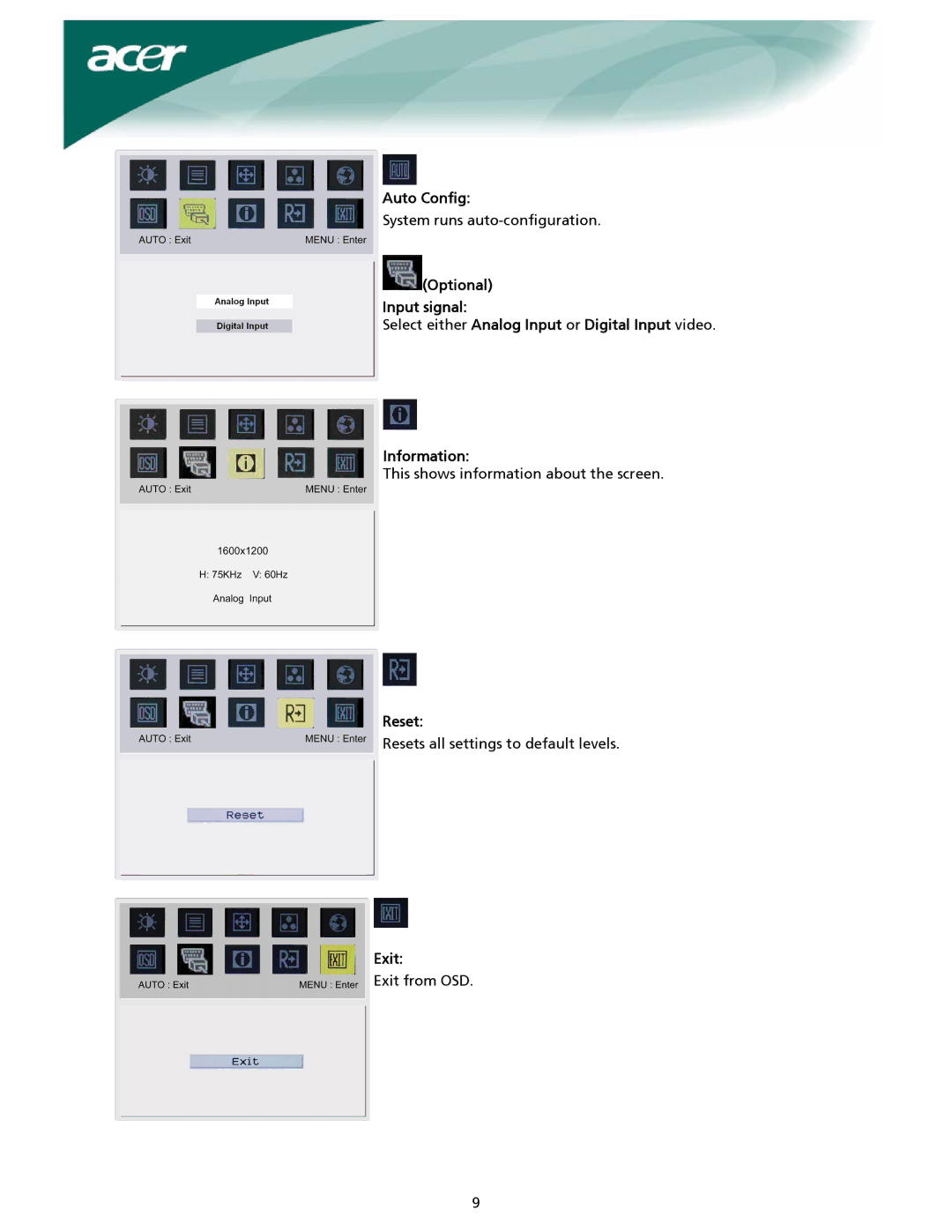 Acer X221W, X222W installation instructions Auto Config, Reset, Exit 