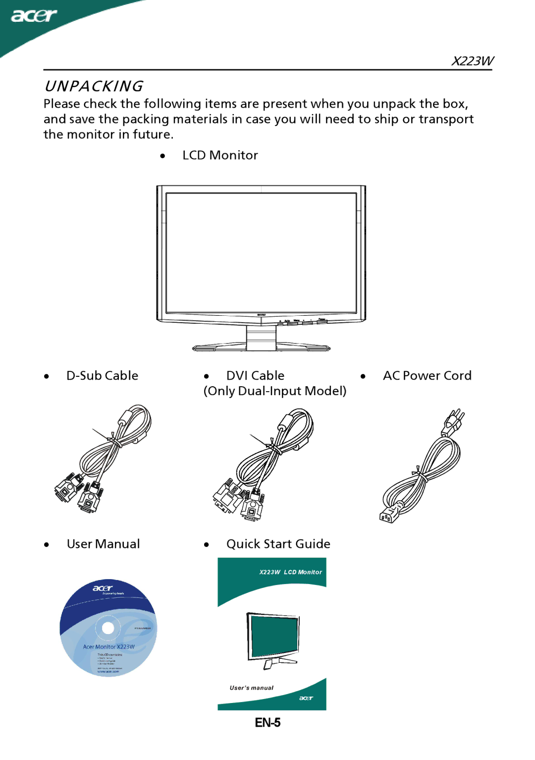 Acer X223W setup guide Unpacking, EN-5 