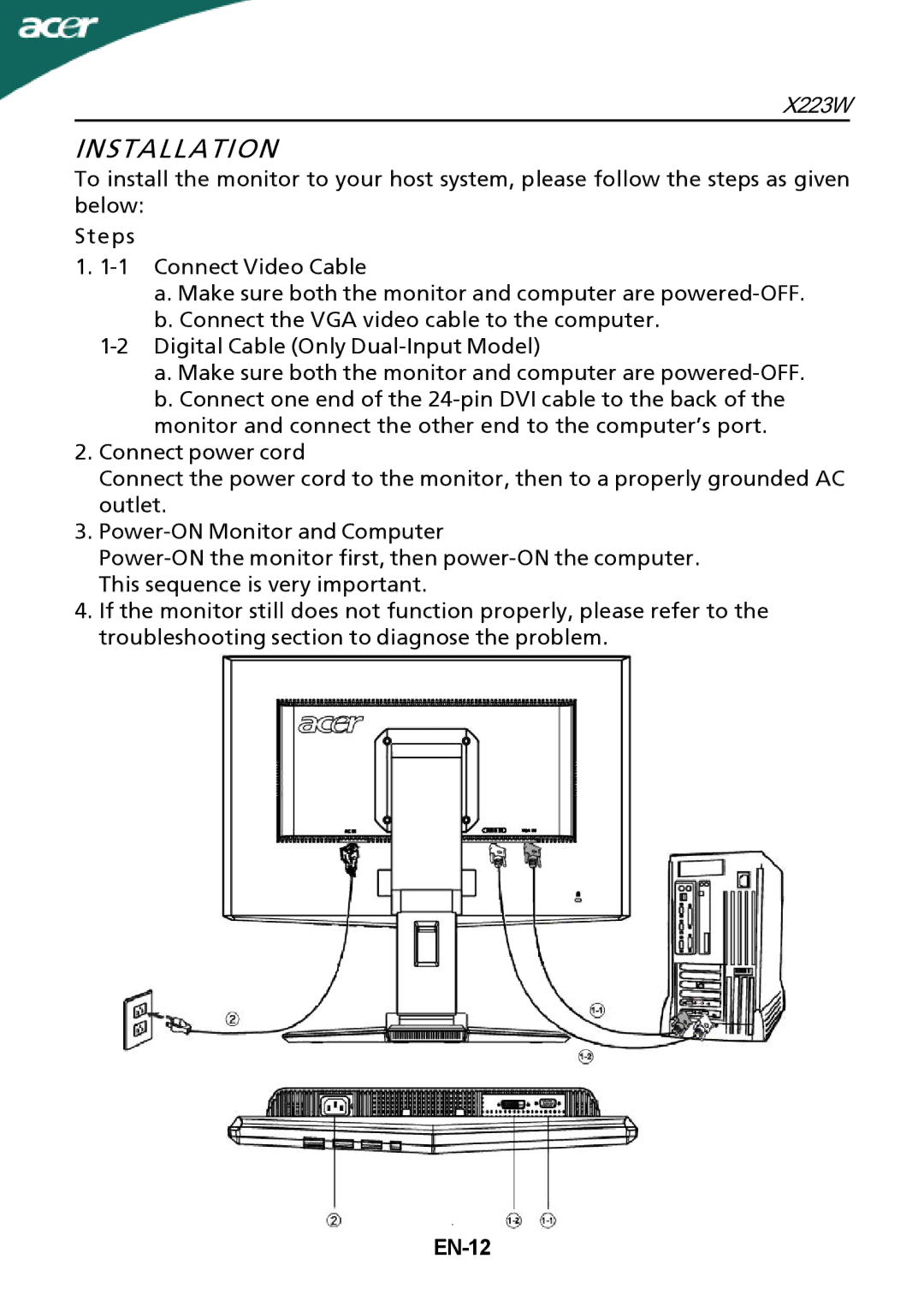 Acer X223W manual Installation, EN-12 