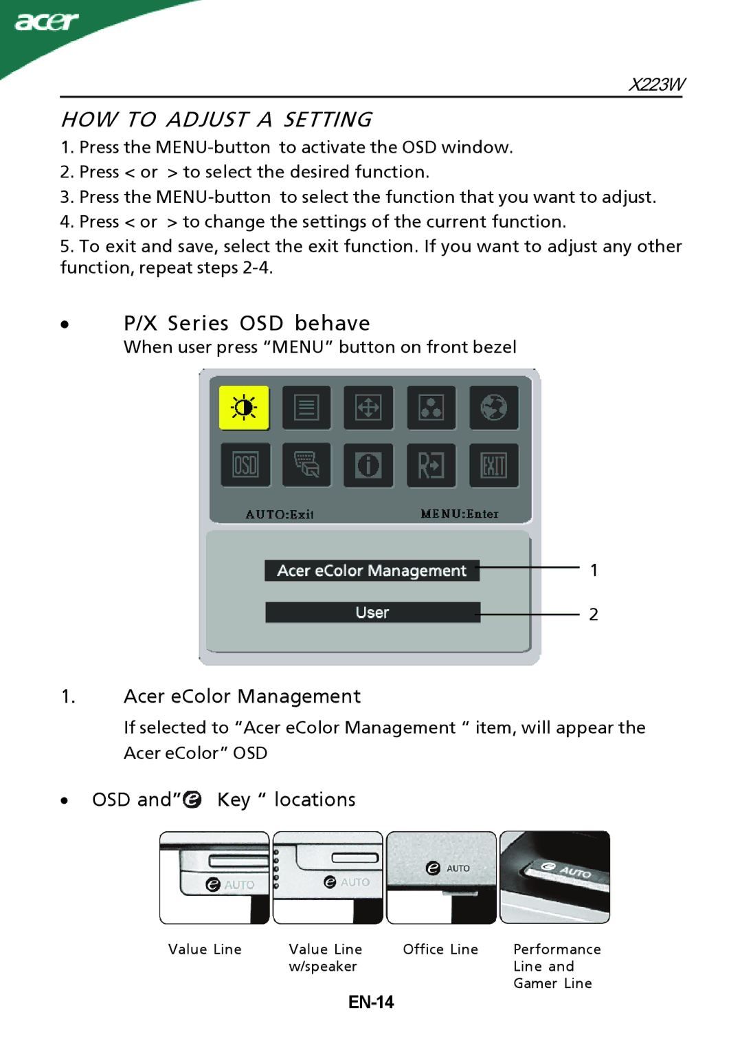 Acer X223W manual HOW to Adjust a Setting, EN-14 