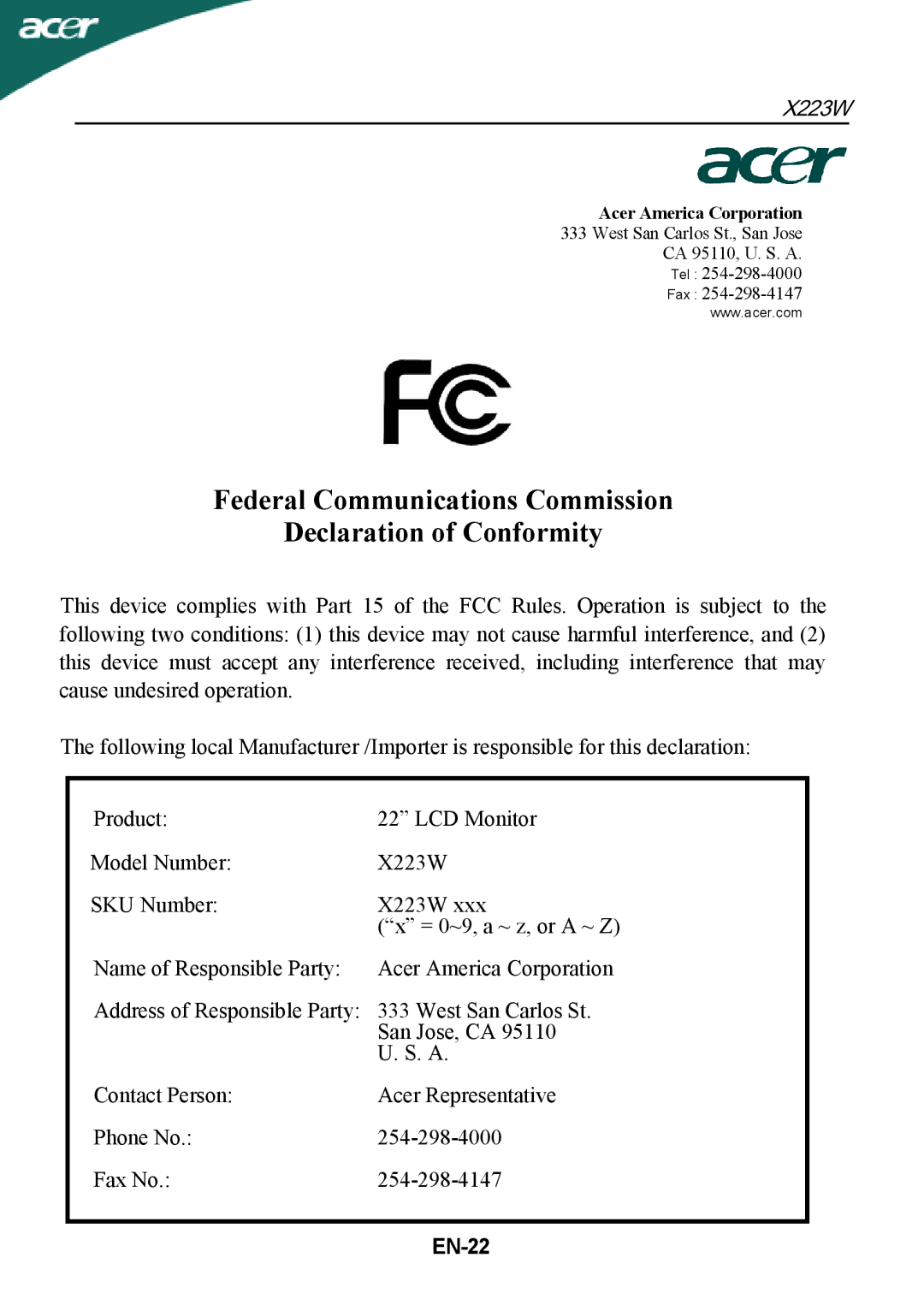 Acer X223W manual Federal Communications Commission Declaration of Conformity, EN-22 