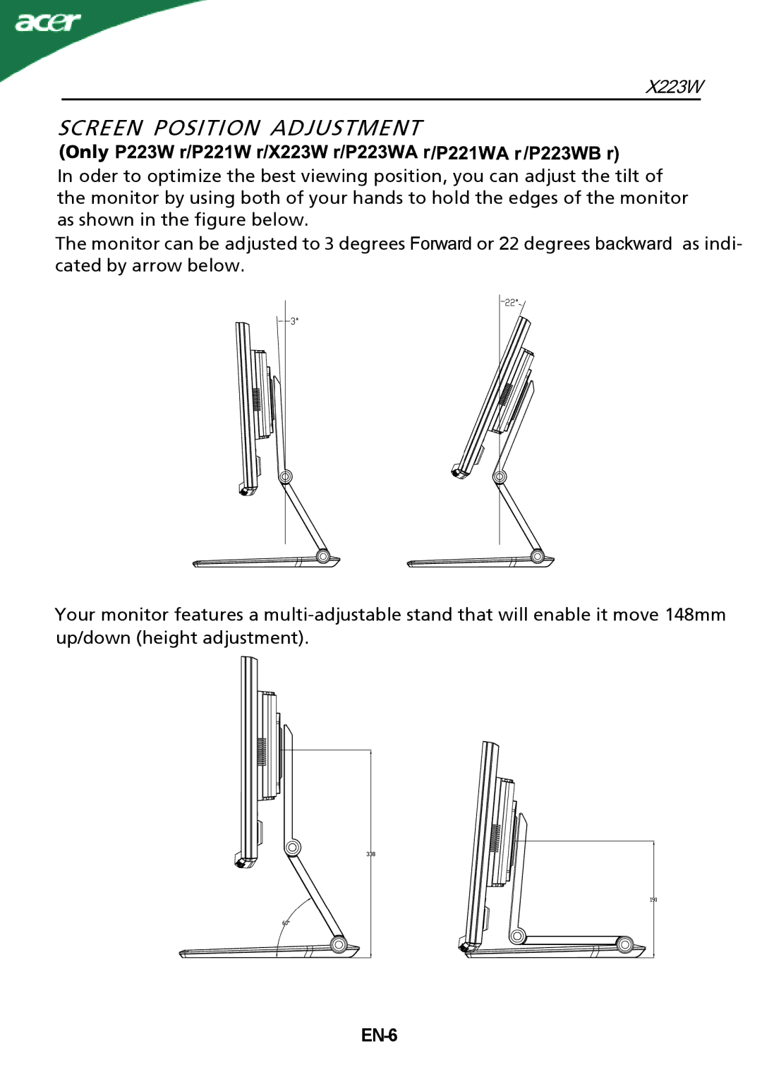 Acer X223W manual Screen Position Adjustment, Only, EN-6 