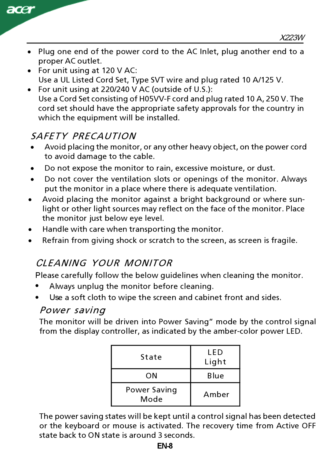 Acer X223W manual Safety Precaution, Cleaning Your Monitor, Led, EN-8 