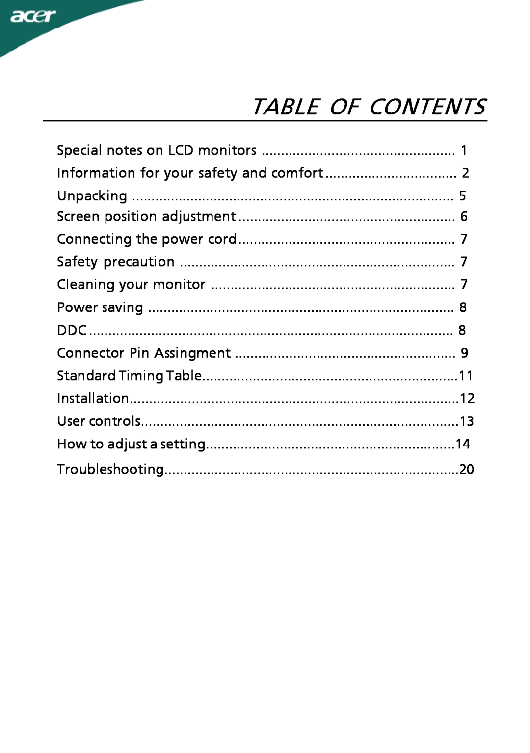 Acer X223W manual Table Of Contents 