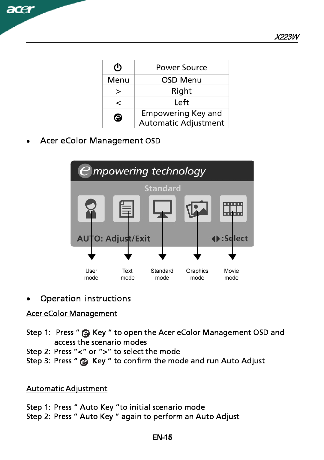 Acer X223W manual ∙ Acer eColor Management OSD ∙ Operation instructions, EN-15 
