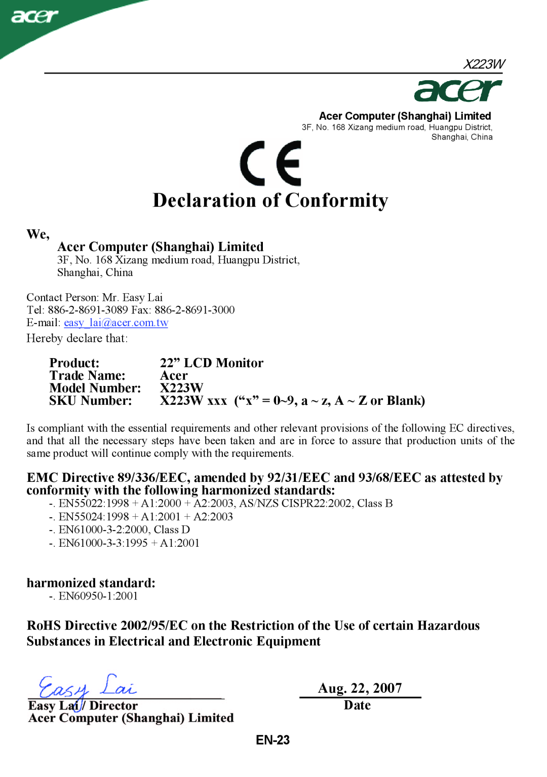 Acer X223W manual Declaration of Conformity, Aug. 22 