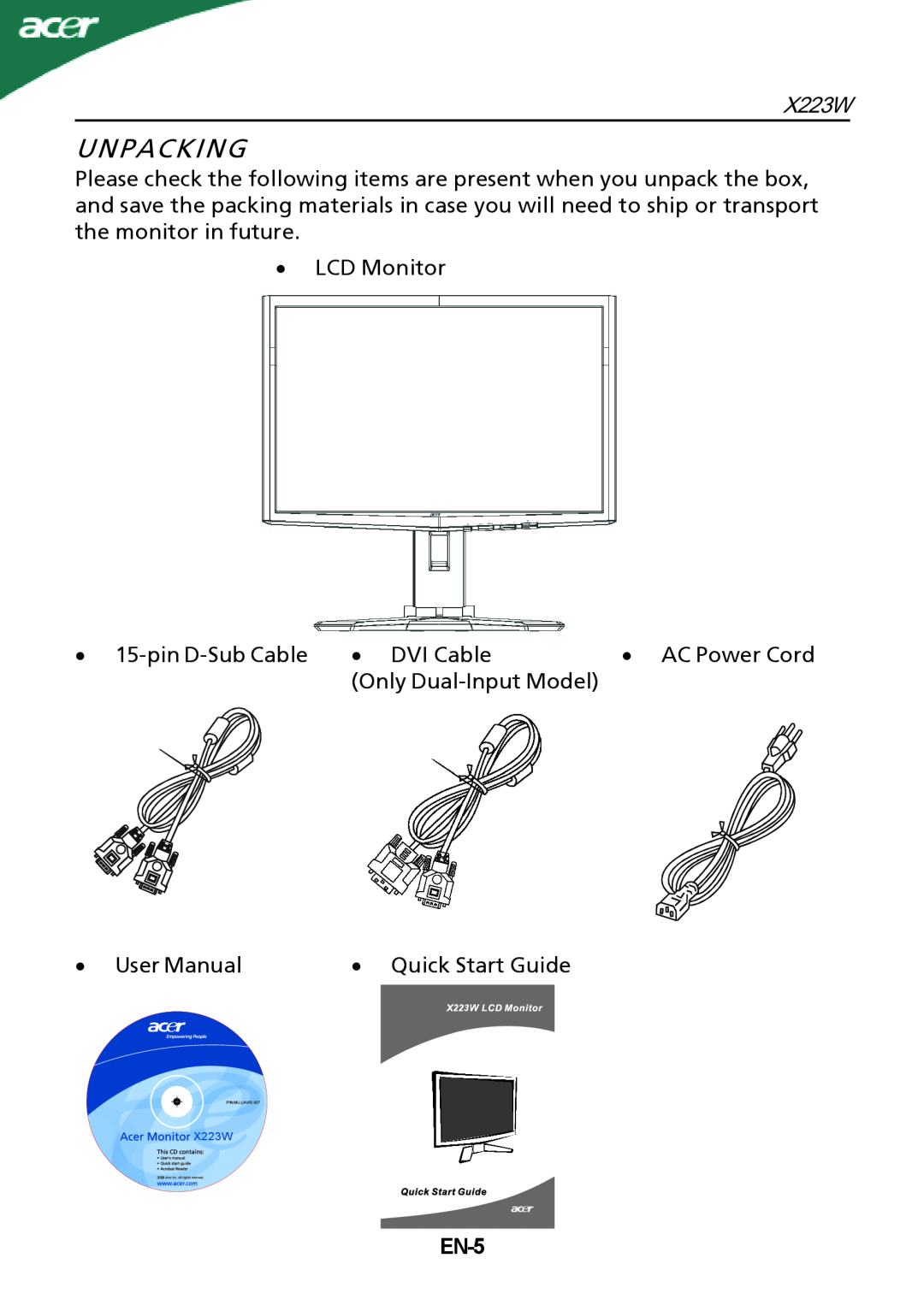 Acer X223W manual Unpacking, EN-5 