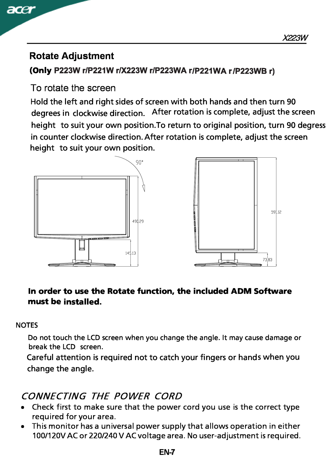 Acer X223W manual To rotate the screen, Connecting The Power Cord, Rotate Adjustment, Only, EN-7 