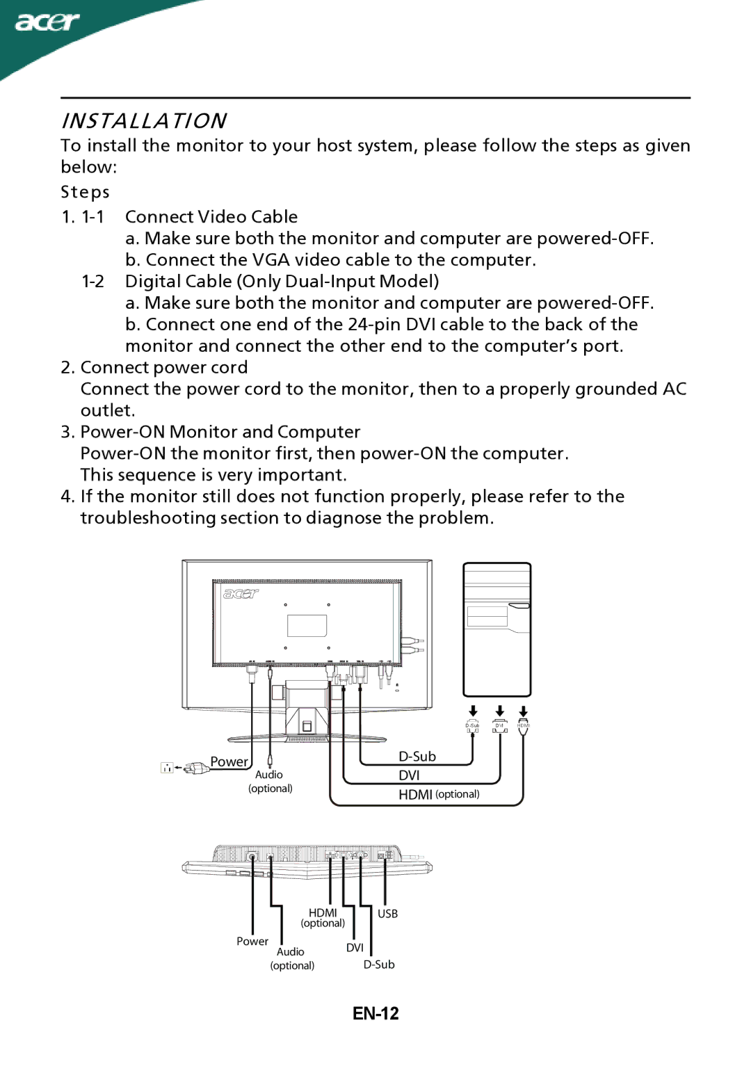 Acer X243H manual Installation, EN-12 