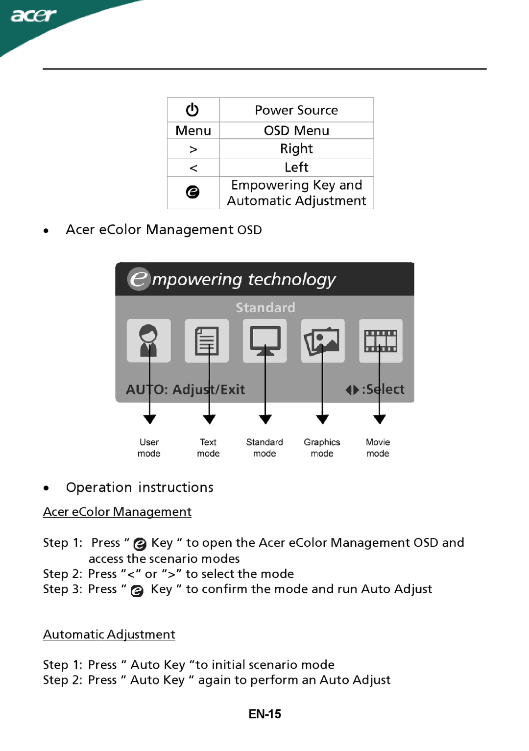 Acer X243H manual ∙ Acer eColor Management OSD ∙ Operation instructions, EN-15 