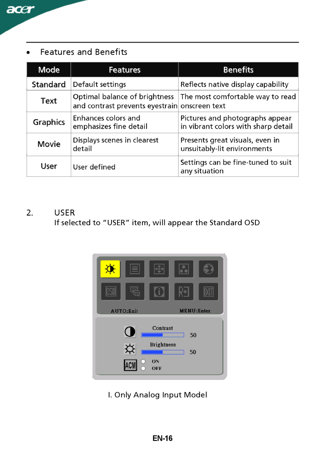 Acer X243H manual User, EN-16 