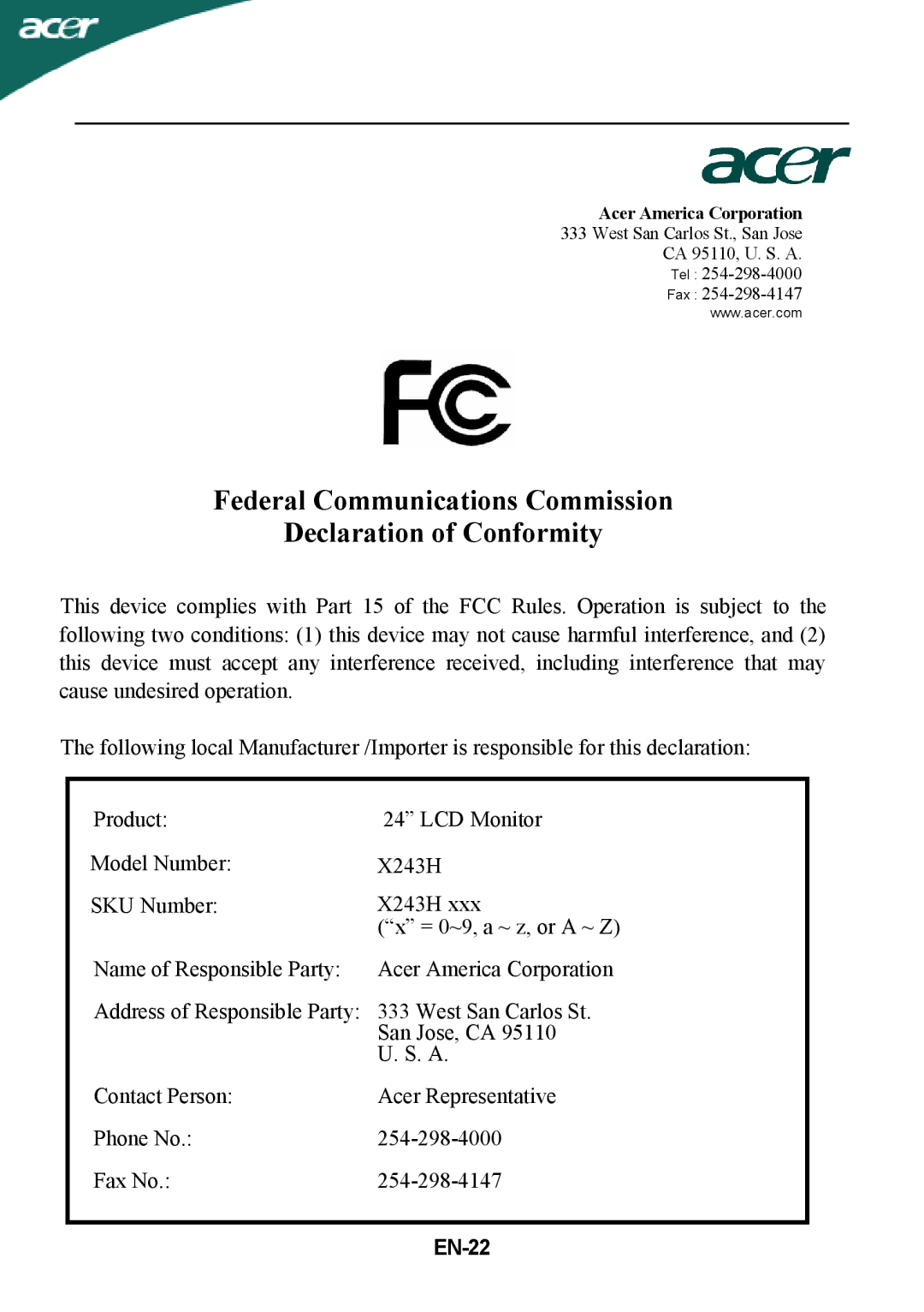 Acer X243H manual Federal Communications Commission Declaration of Conformity, EN-22 